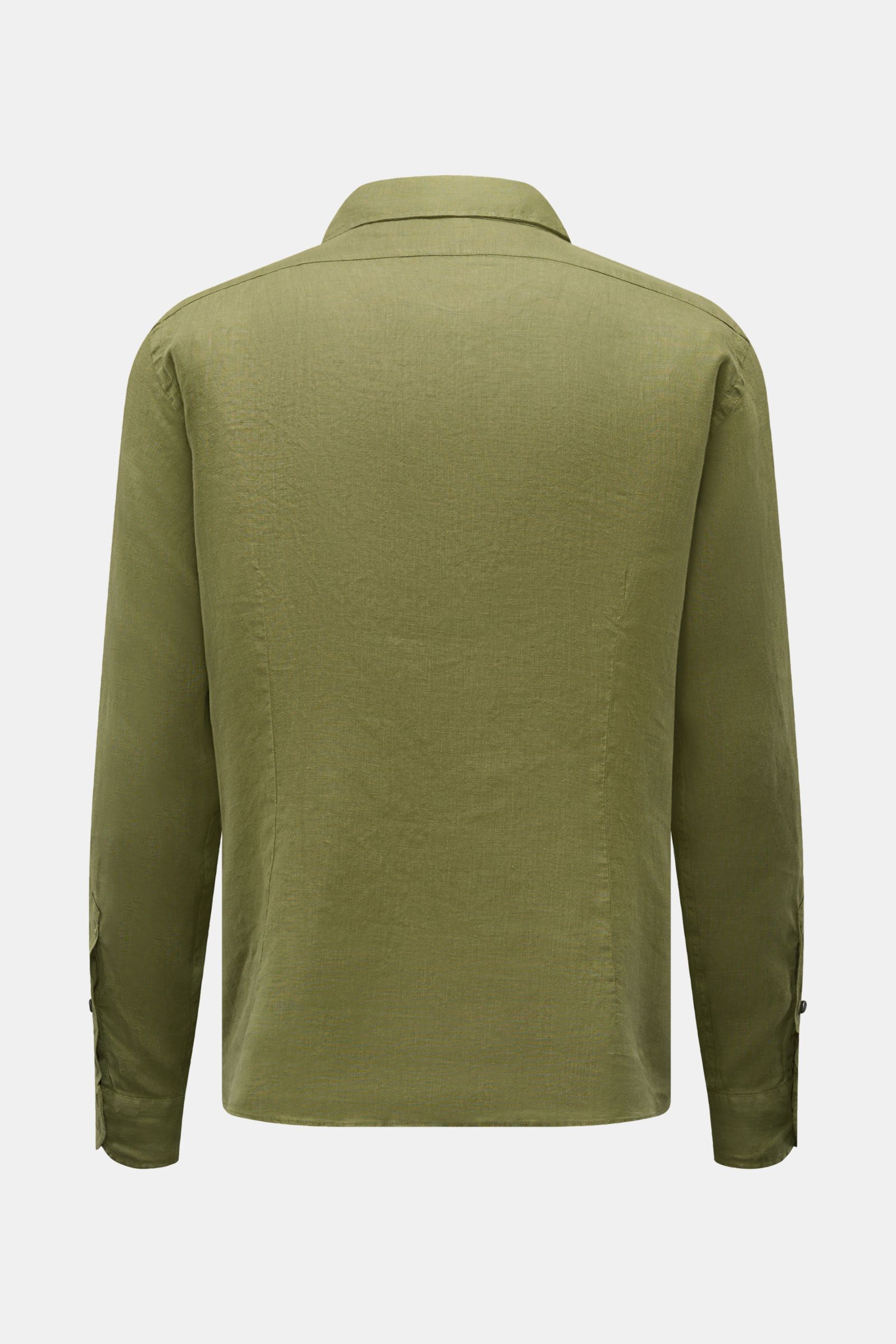 Back view of the 04651/ A trip in a bag Leinenhemd Kent-Kragen oliv, an olive green pure linen shirt with a Kent collar and long sleeves.

Description: Mühelose Leichtigkeit