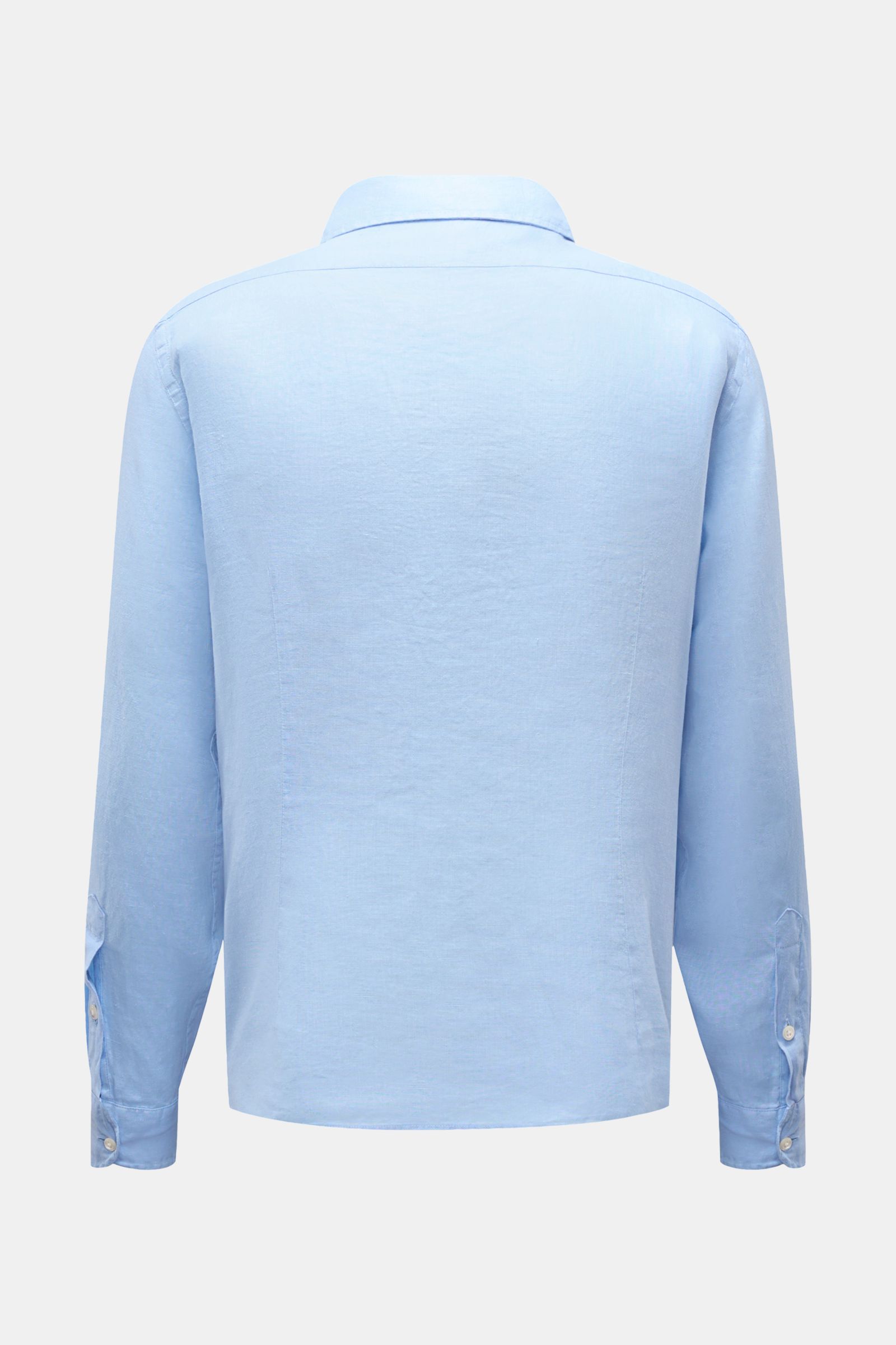 Back view of the 04651/ A trip in a bag Leinenhemd Kent-Kragen hellblau, a light blue pure linen shirt with long sleeves and buttoned cuffs. Mühelose Leichtigkeit