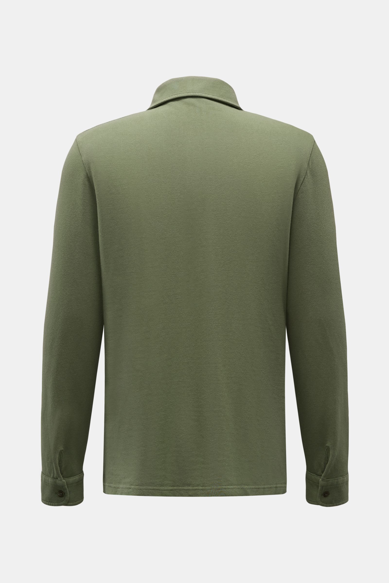Rückansicht des olivgrünen 04651/ A trip in a bag Hemd Sport mit langen Ärmeln und Knopfleiste, von hinten fotografiert.