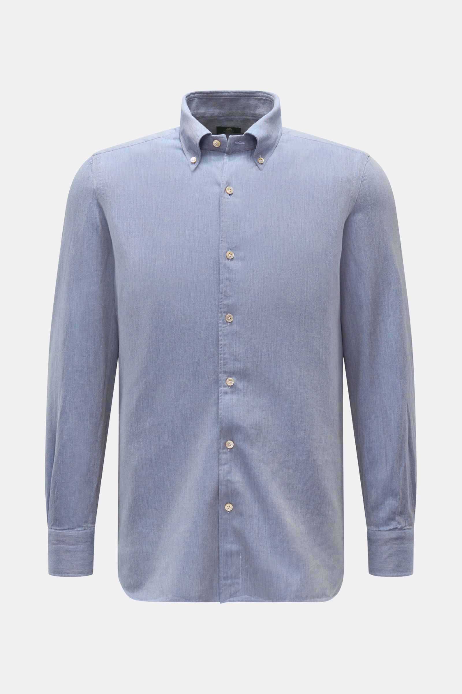 Borrelli Casual Hemd 'Gable' Button-Down-Kragen rauchblau meliert, reine Baumwolle, weicher Griff, feiner Twill, Denim-Optik, Slim Fit, französische Knopfleiste mit Perlmuttknöpfen, klassische Sportmanschette, schmale Rückenpasse, rückwärtige Taillenabnäh
