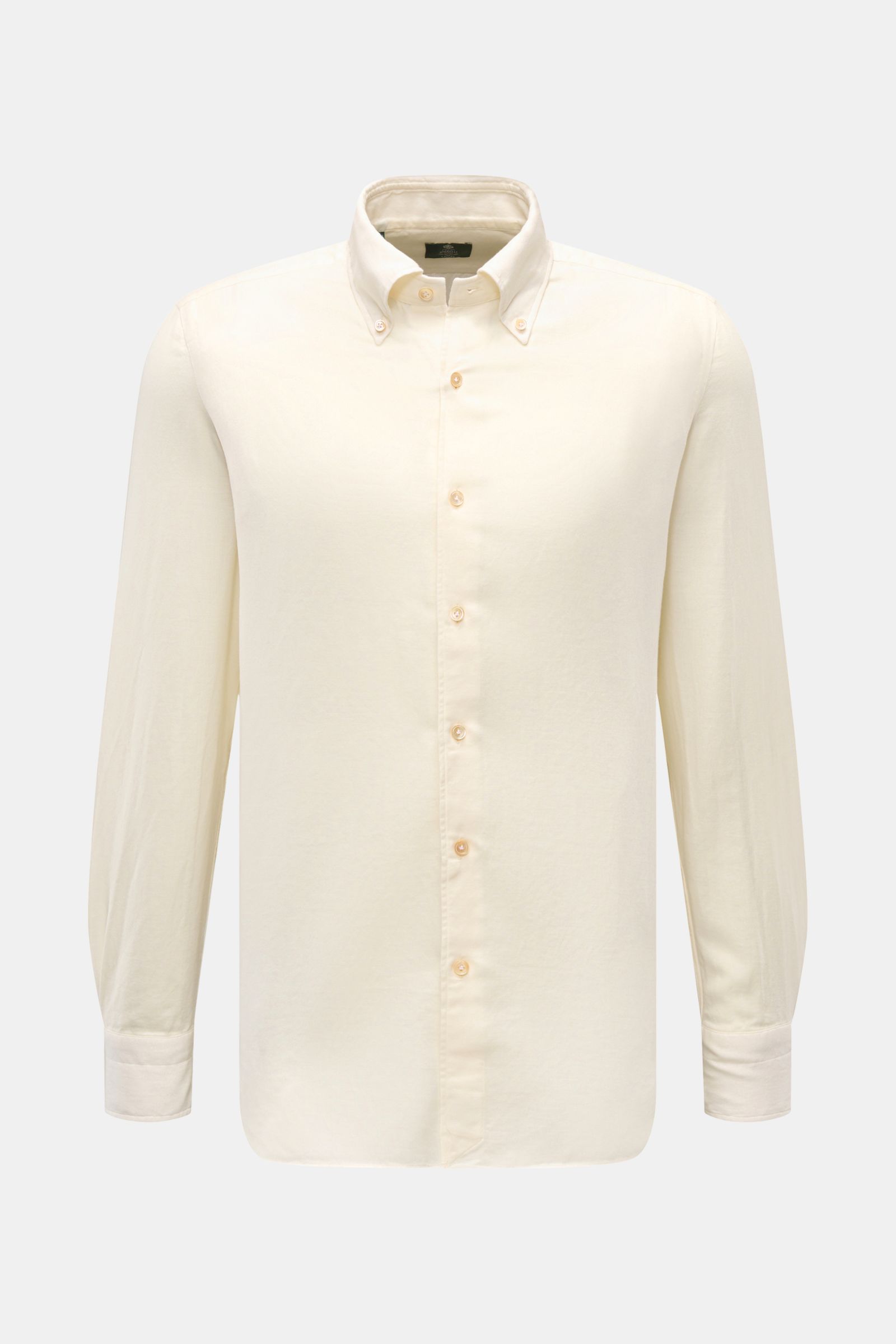 Borrelli Casual Hemd 'Gable' Button-Down-Kragen creme, frontal fotografiert, Slim Fit, Mix aus Baumwolle und Cashmere, weicher Griff, feiner Twill, französische Knopfleiste, Perlmuttknöpfe, klassische Sportmanschette, schmale Rückenpasse, Taillenabnäher, 