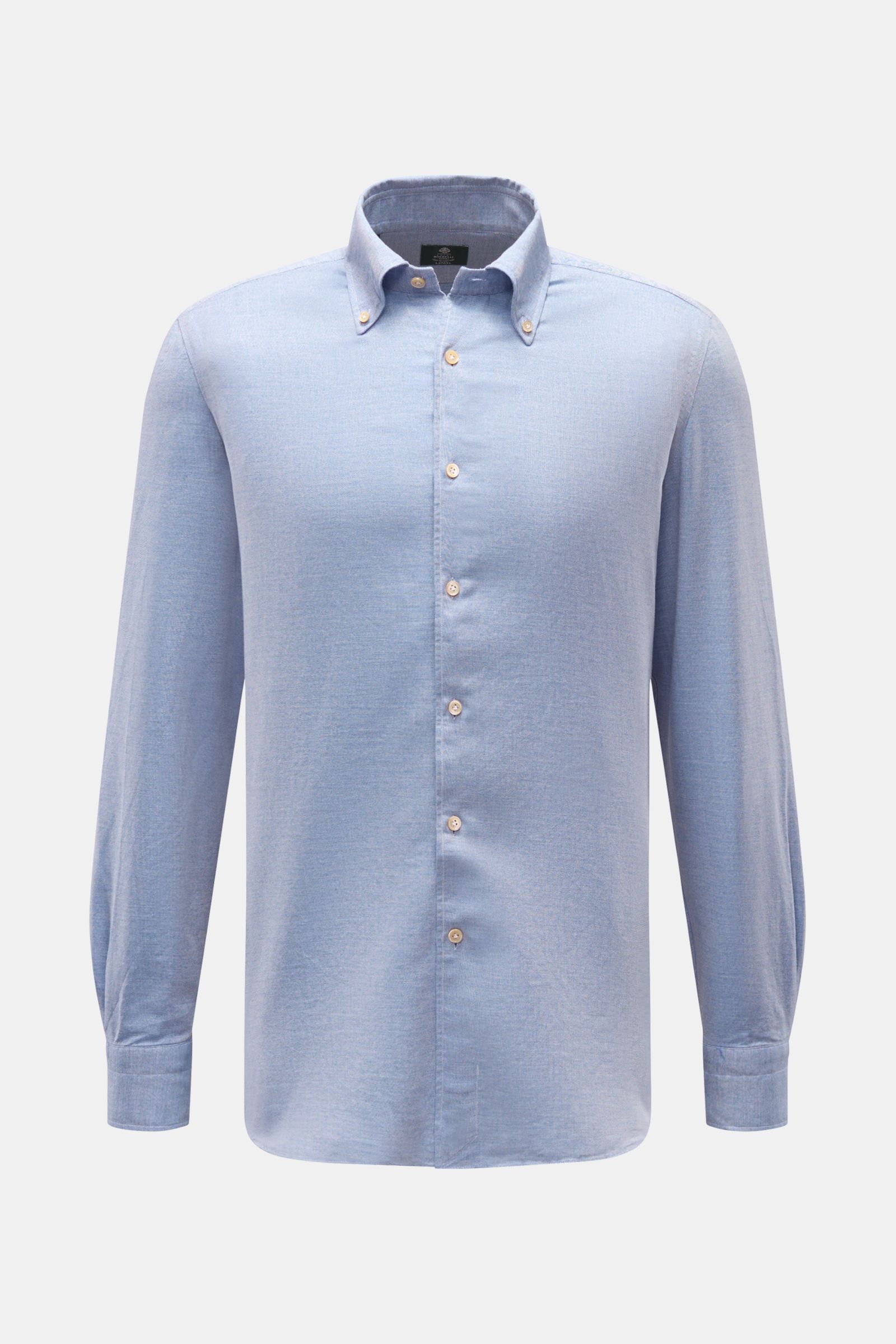 Borrelli Casual Hemd 'Gable' Button-Down-Kragen rauchblau meliert, von vorne, Slim Fit, weicher Griff, Baumwolle und Cashmere, feiner Twill, Perlmuttknöpfe, klassische Sportmanschette, schmale Rückenpasse, Taillenabnäher, gerundeter Saum.