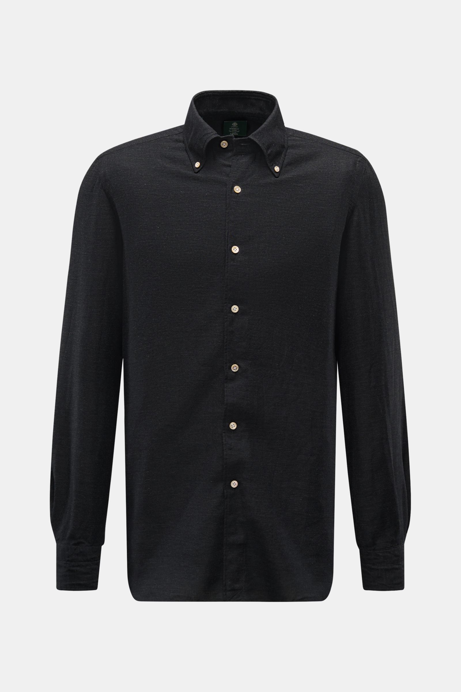 Borrelli Casual Hemd 'Gable' Button-Down-Kragen anthrazit meliert, frontal fotografiert, Slim Fit, weicher Griff, Twill, Perlmuttknöpfe, klassische Manschette, Taillenabnäher, Rückenpasse, gerundeter Saum.