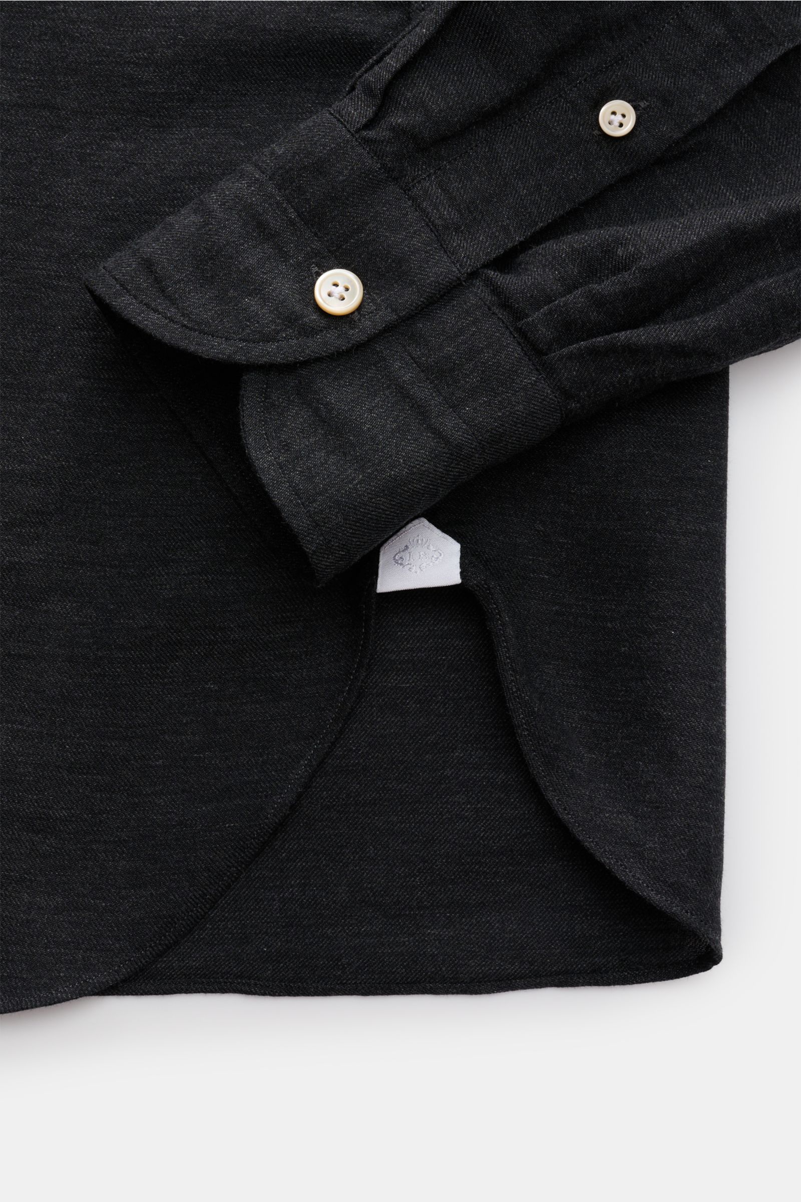 Borrelli Casual Hemd 'Gable' Button-Down-Kragen anthrazit meliert, Detailaufnahme Saum und Manschette, Baumwolle-Cashmere, Slim Fit, Twill.