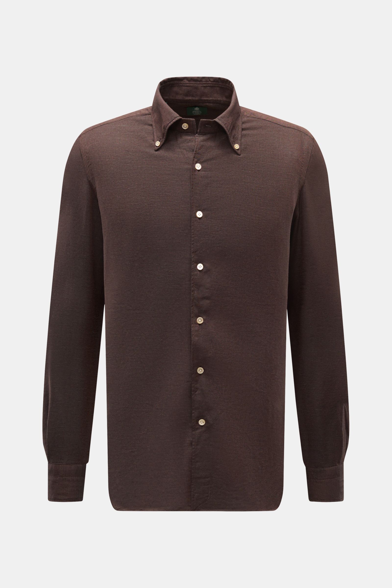 Borrelli Casual Hemd 'Gable' Button-Down-Kragen dunkelbraun meliert, frontale Ansicht, Slim Fit, Mix aus Baumwolle und Cashmere, weicher Griff, feiner Twill, französische Knopfleiste mit Perlmuttknöpfen, klassische Sportmanschette, schmale Rückenpasse, rü
