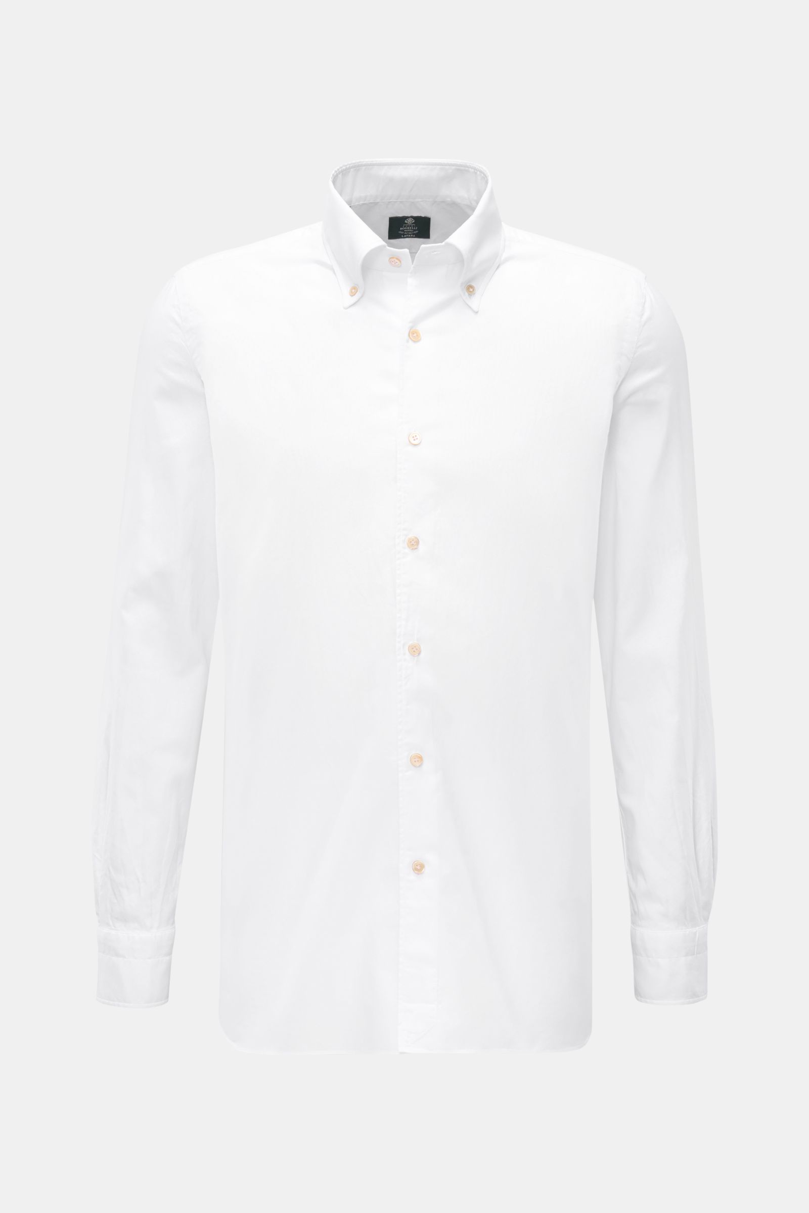 Borrelli Oxford-Hemd 'Ettore' Button-Down-Kragen weiß, Slim Fit, Oxford aus reiner Baumwolle, glatter Griff, Perlmuttknöpfe, Sportmanschette, gerundeter Saum, frontale Perspektive.