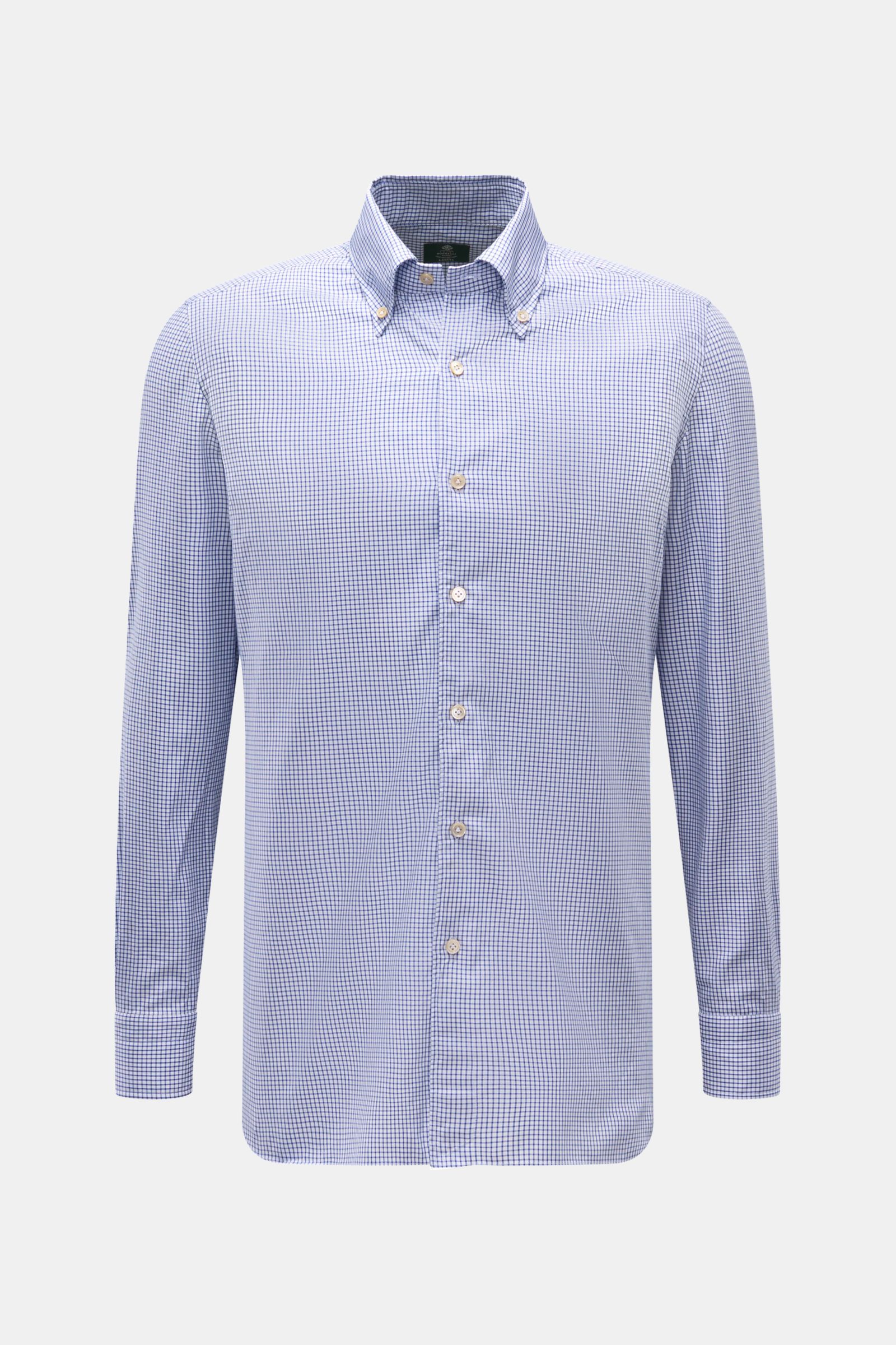 Borrelli Casual Hemd 'Gable' Button-Down-Kragen navy/weiß kariert, reine Baumwolle, weicher Griff, feiner Twill, Slim Fit, Perlmuttknöpfe, Sportmanschette, Rückenpasse, Taillenabnäher, gerundeter Saum, Frontansicht.