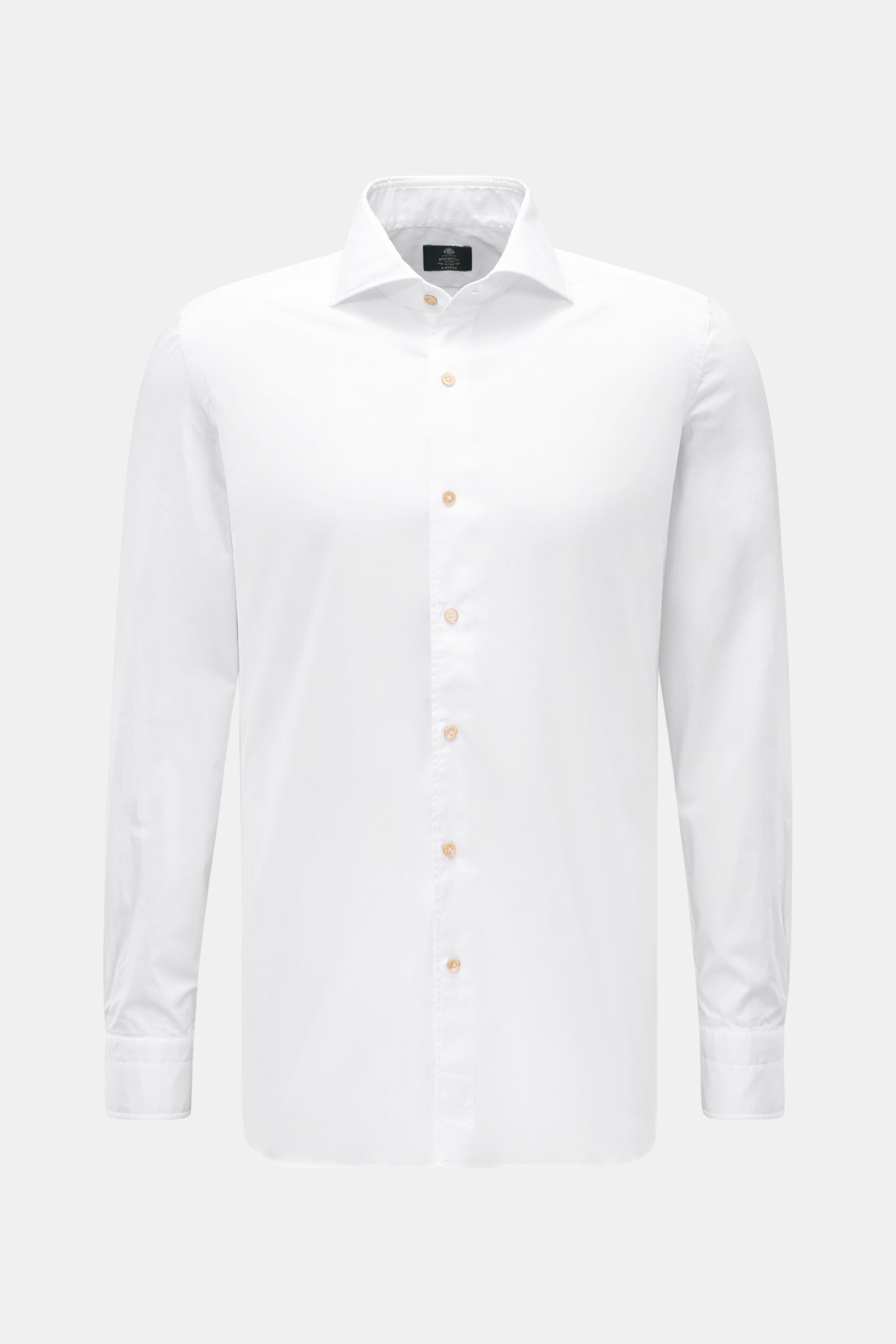 Borrelli Casual Hemd 'Ettore' Haifisch-Kragen weiß, frontale Ansicht, Twill aus reiner Baumwolle, glatter Griff, Slim Fit, französische Knopfleiste mit Perlmuttknöpfen, klassische Sportmanschette, gerundeter Saumverlauf.