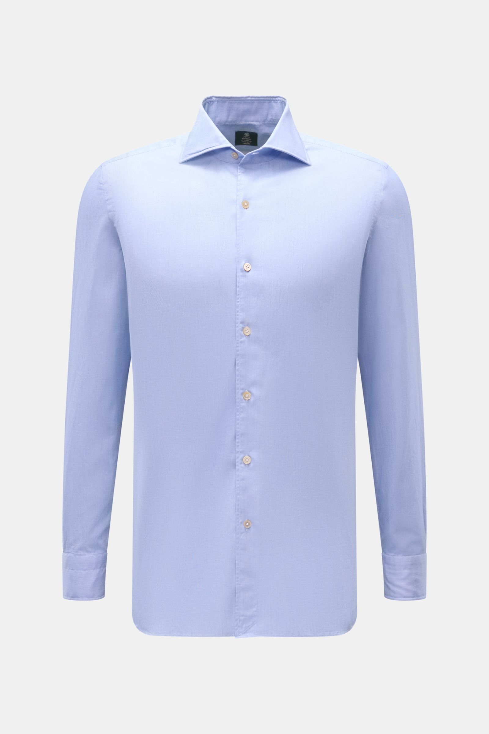 Front view of Borrelli Casual shirt 'Ettore' shark collar blue, made of pure cotton twill, slightly robust to the touch, slim fit, shark collar, French button placket with mother-of-pearl buttons, classic barrel cuffs, rounded hem.