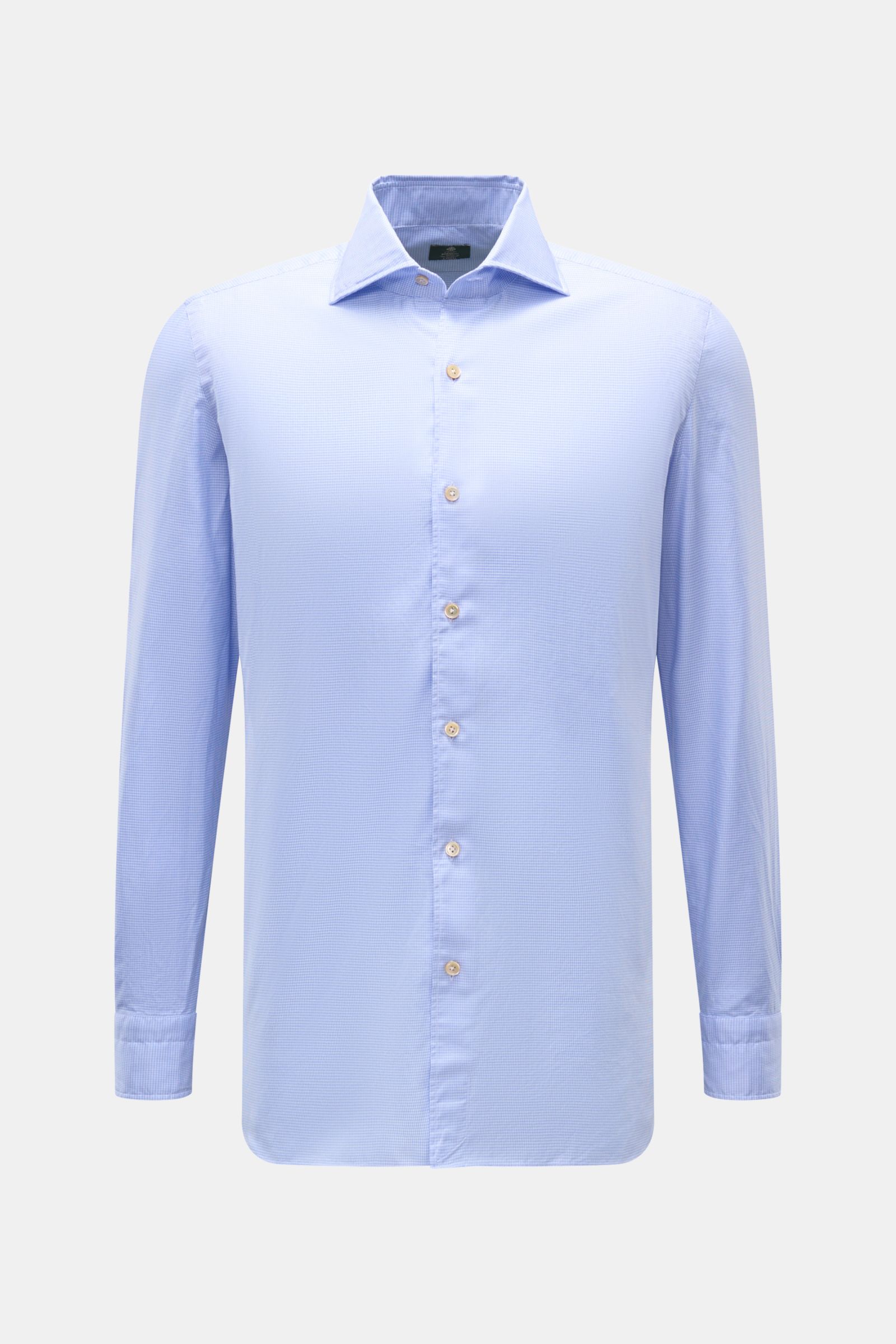 Front view of Borrelli Casual shirt 'Ettore' shark collar blue/white checked, made of pure cotton twill with a smooth feel, slim fit, micro houndstooth pattern, French button placket with mother-of-pearl buttons, classic barrel cuffs, and rounded hem.