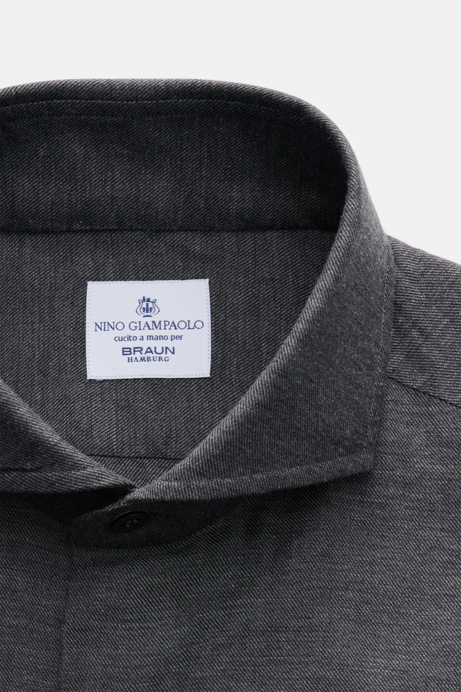 Giampaolo Casual Hemd Haifisch-Kragen dunkelgrau meliert, Nahaufnahme der Haifisch-Kragen-Perspektive aus Baumwolle mit Cashmere, Slim Fit, softer Griff.