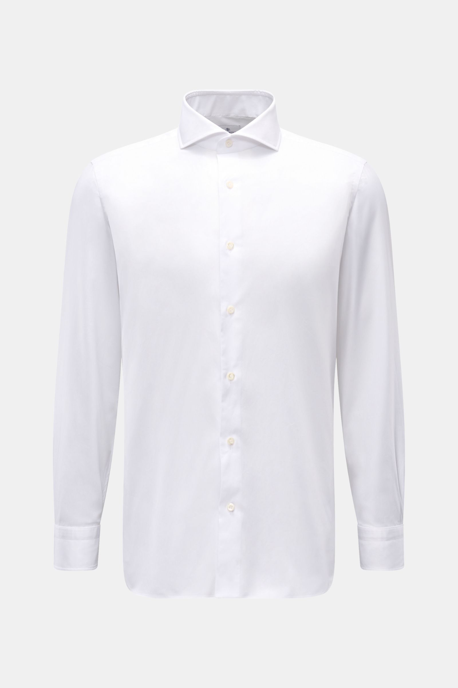 Front view of the Giampaolo Casual shirt shark collar white, a slim fit pure cotton popeline shirt with shark collar, French button placket, barrel cuffs, waist darts, and rounded hem.

Timeless classic: This stylish shirt by GIAMPAOLO works as an offi