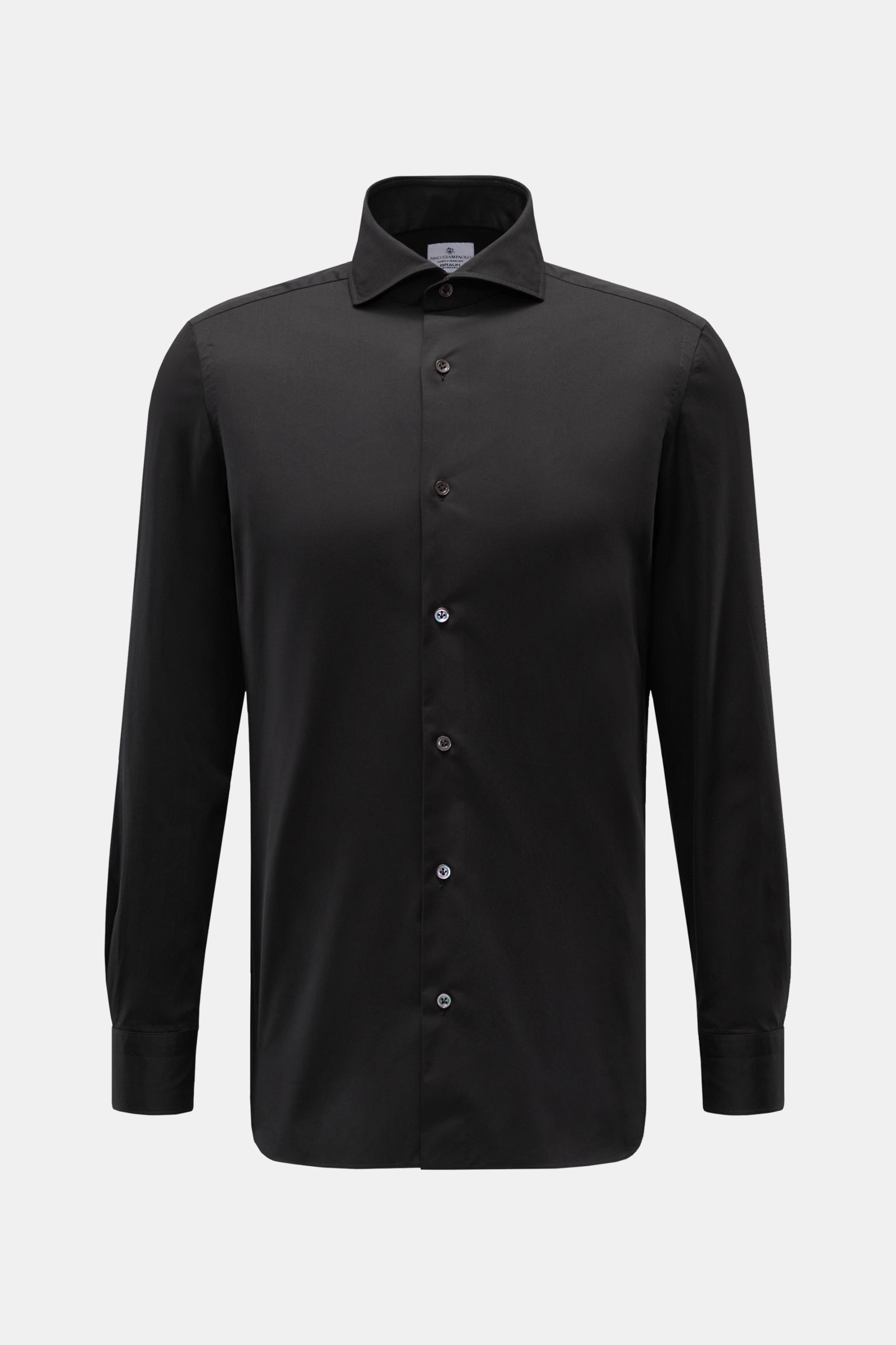 Front view of Giampaolo Casual shirt shark collar black, a slim fit black shirt in pure cotton popeline with shark collar, French button placket, classic barrel cuffs, waist darts at the back, and rounded hem. Timeless classic: This stylish shirt by GIAMP