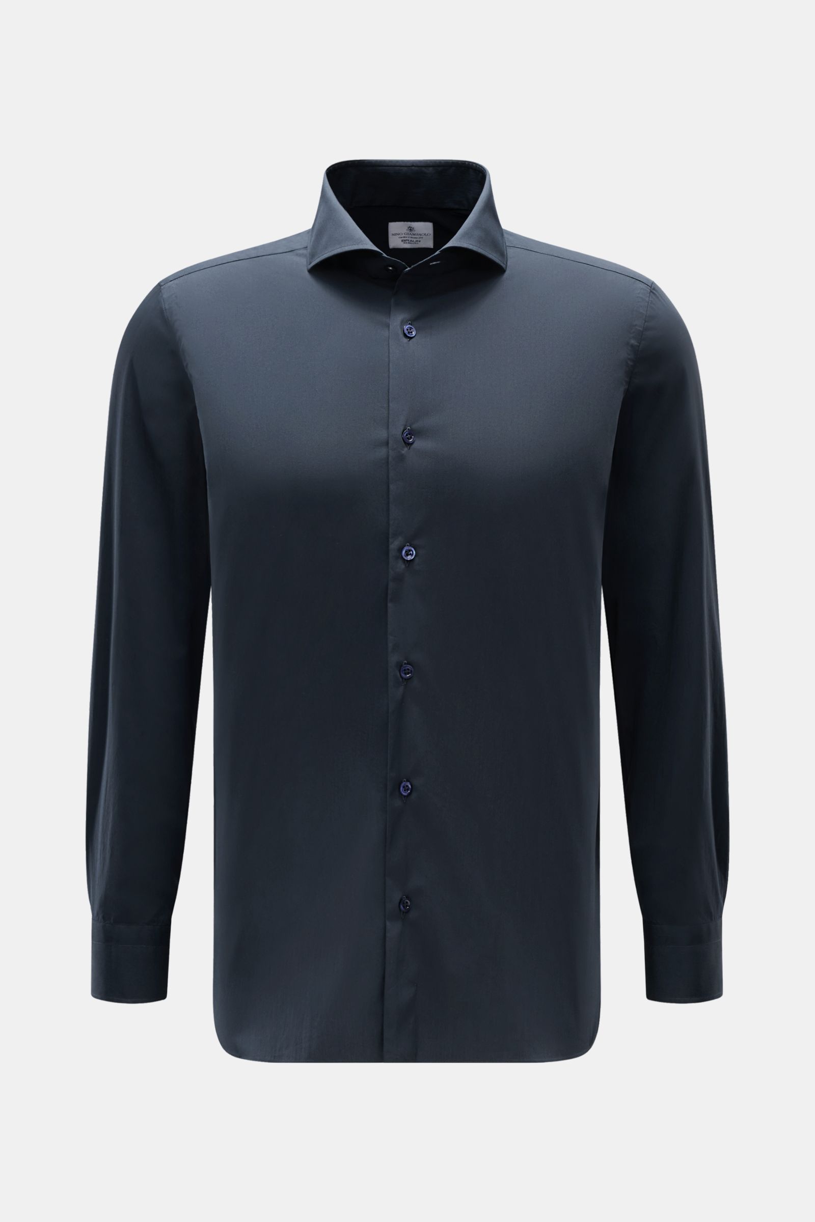 Front view of a Giampaolo Casual shirt shark collar navy, slim fit with a shark collar, French button placket, classic barrel cuffs, waist darts at the back, and rounded hem. Poplin made of cotton and premium microfibre, slightly elasticated fabric with a
