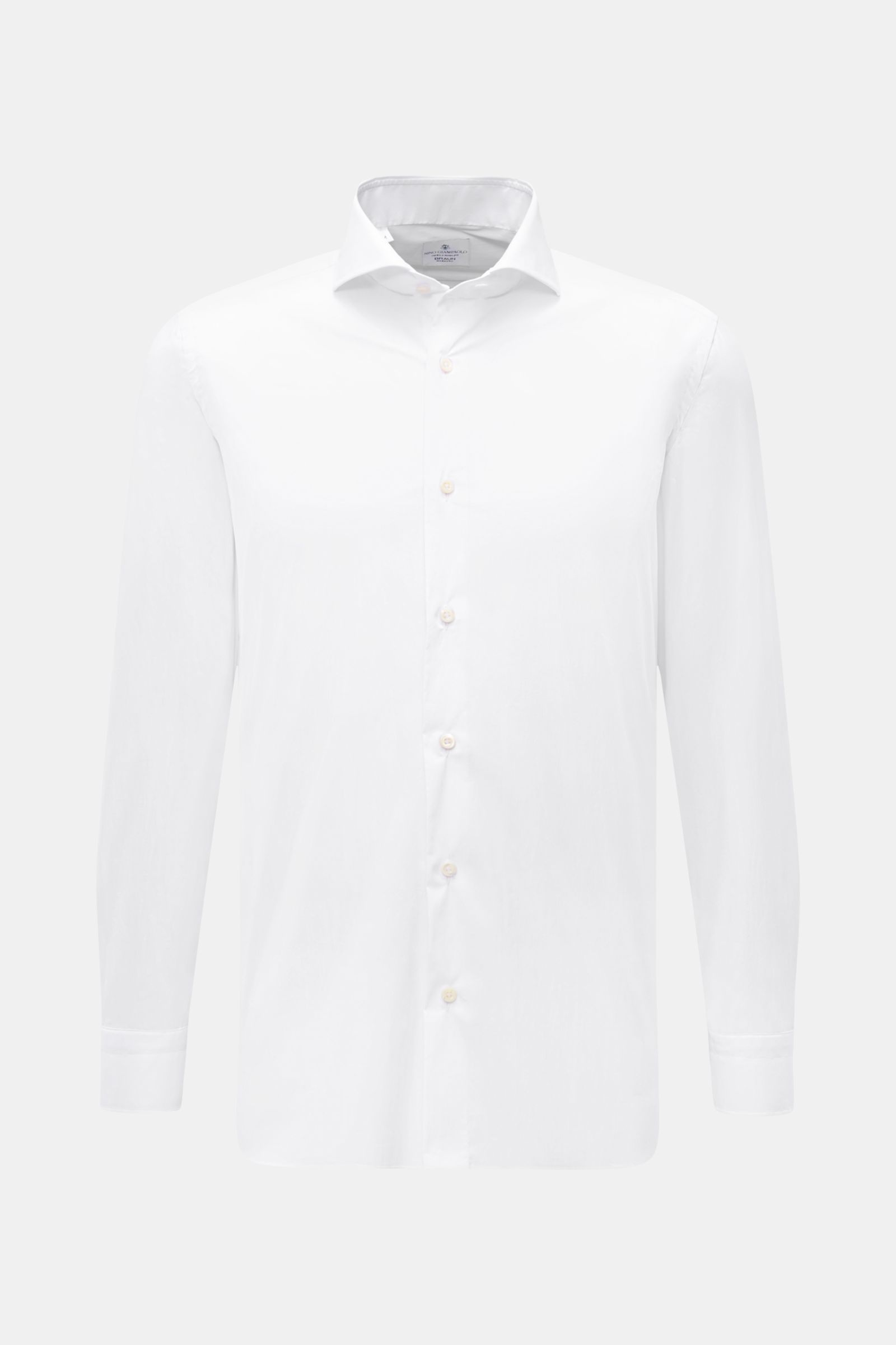 Giampaolo Casual-Hemd Haifisch-Kragen weiß, frontal fotografiert, Popeline aus Baumwolle/Microfaser, Slim Fit, Haifisch-Kragen, französische Knopfleiste, Sportmanschette, Taillenabnäher, gerundeter Saum, leicht elastisch, weicher Griff.