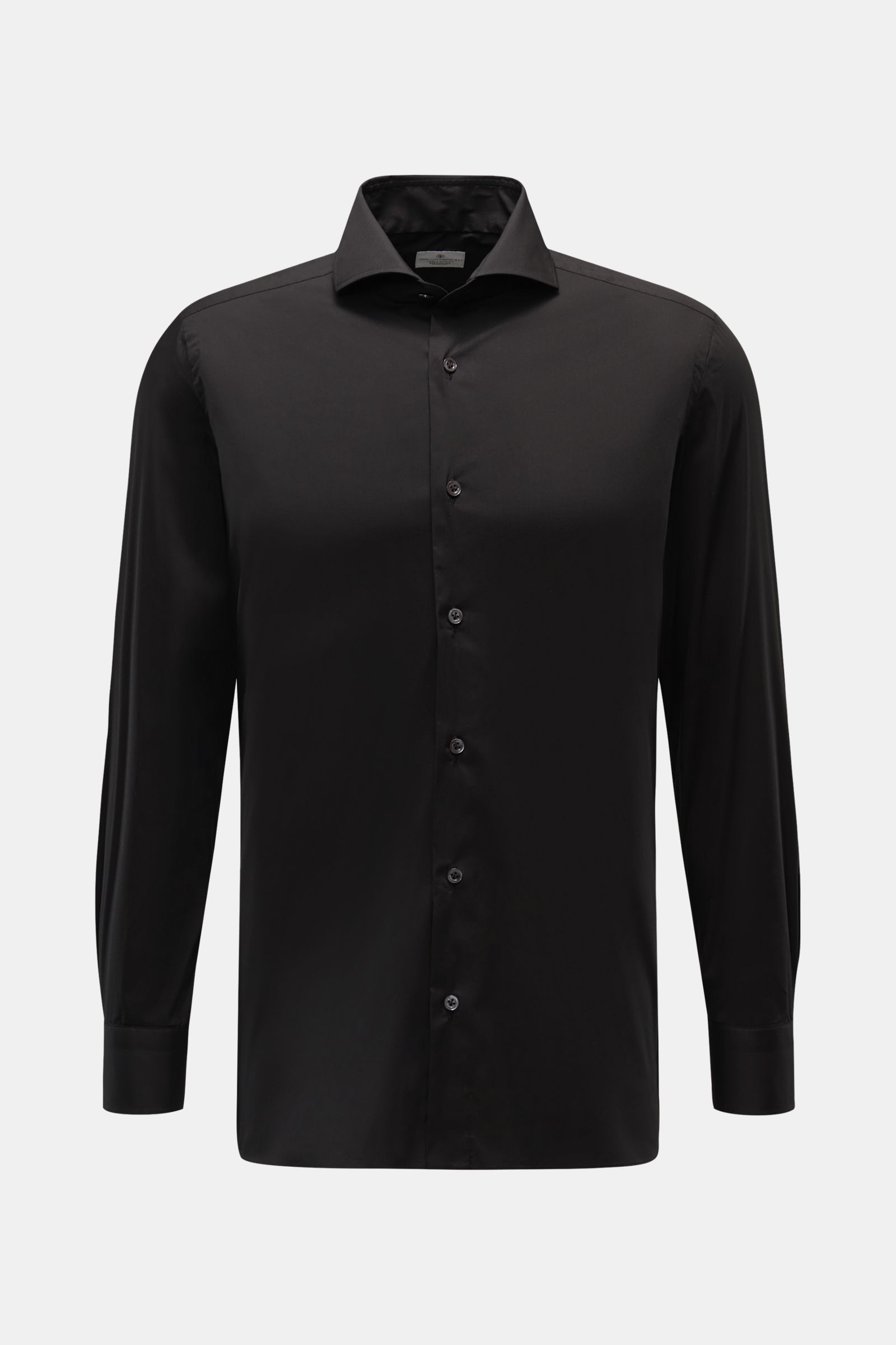 Giampaolo Casual-Hemd Haifisch-Kragen schwarz, frontal, Popeline aus Baumwolle/Microfaser, Slim Fit, elastisch, weicher Griff, französische Knopfleiste, Sportmanschette, Taillenabnäher, gerundeter Saum.