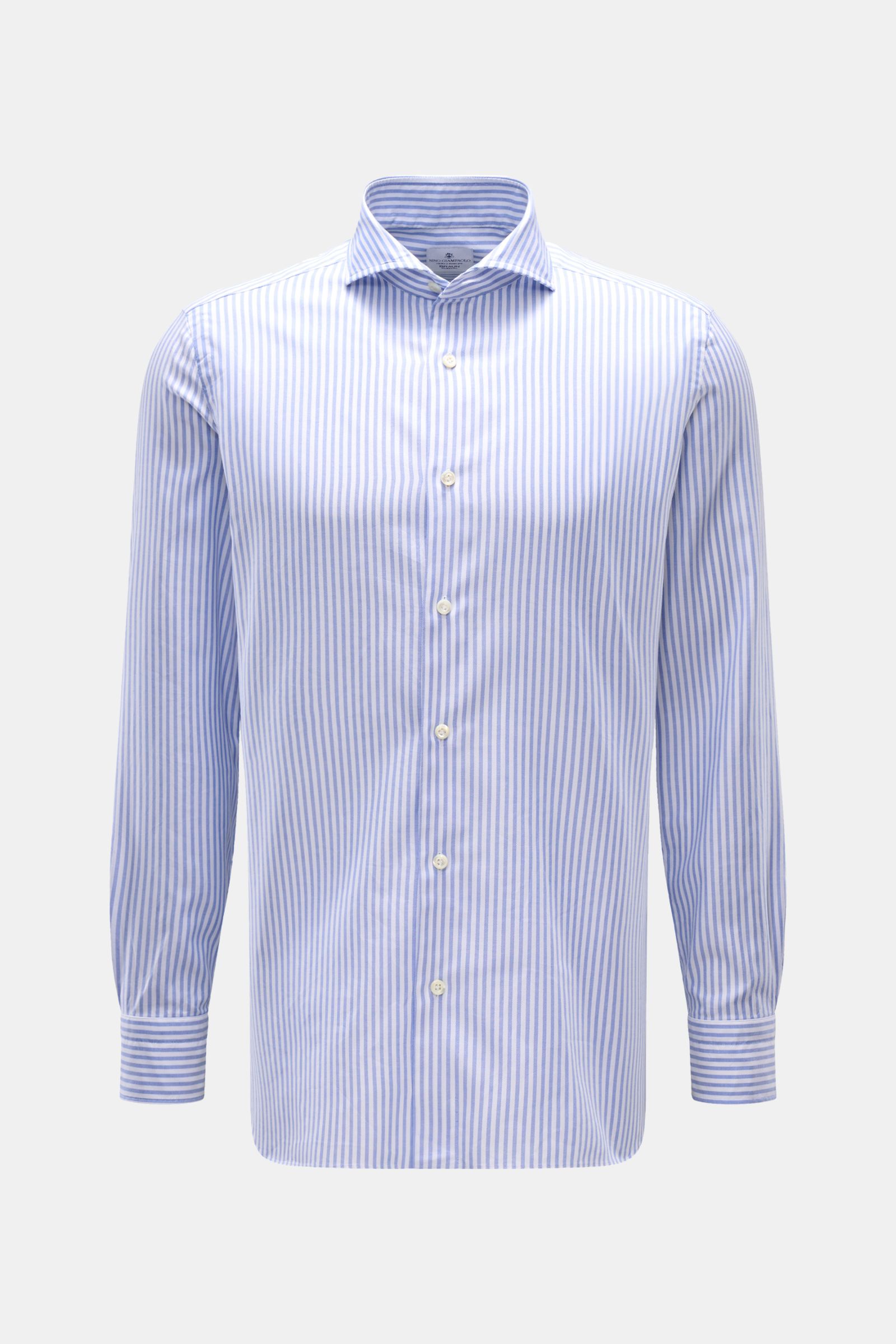 Giampaolo Oxford-Hemd Haifisch-Kragen blau/weiß gestreift, Slim Fit, reine Baumwolle, Frontansicht mit klassischer Knopfleiste und Sportmanschetten.