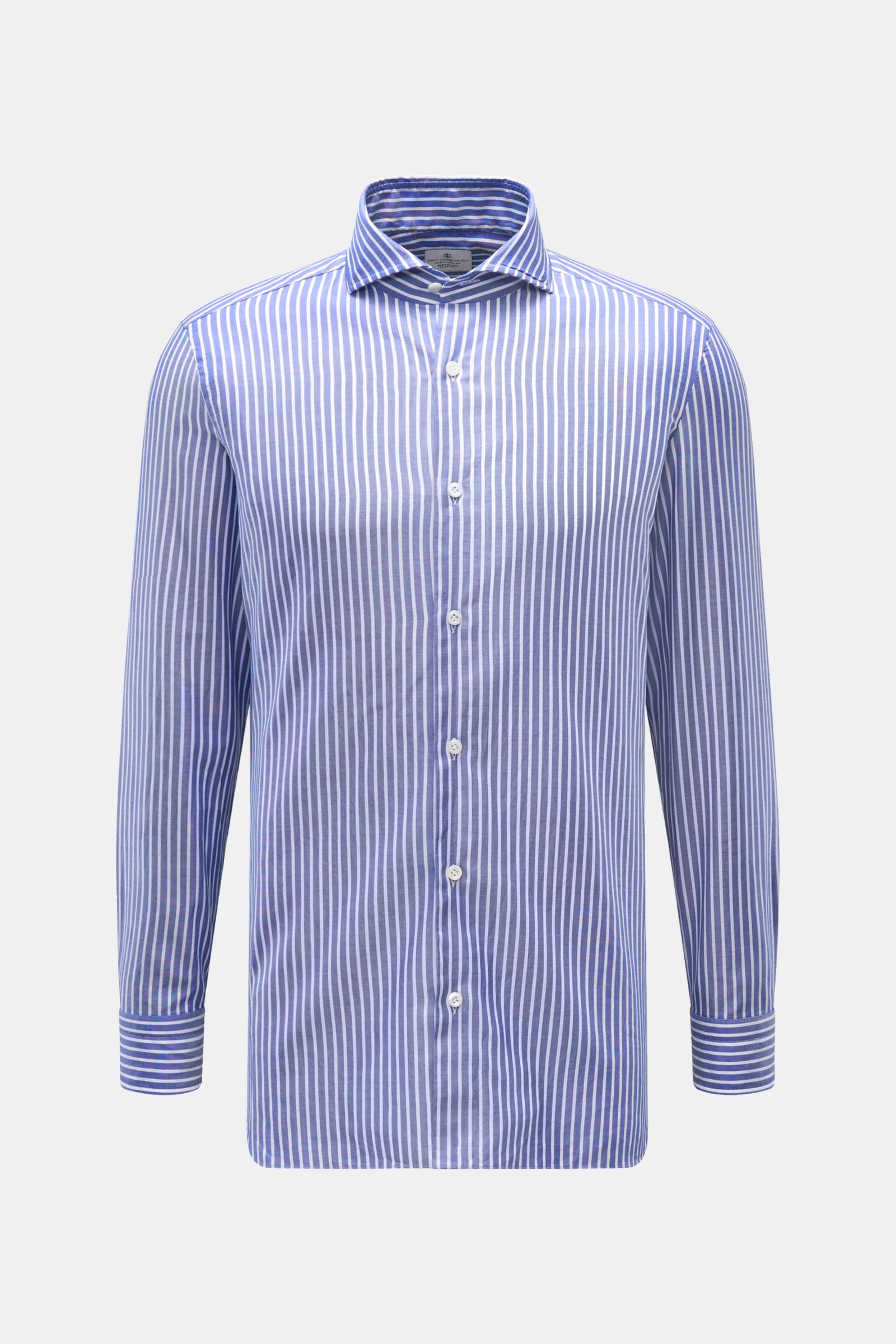 Front view of Giampaolo Casual Hemd Haifisch-Kragen navy/weiß gestreift, Panama aus reiner Baumwolle, Slim Fit, Haifisch-Kragen, französische Knopfleiste, klassische Sportmanschette, rückwärtige Taillenabnäher, gerundeter Saumverlauf, leicht strukturierte