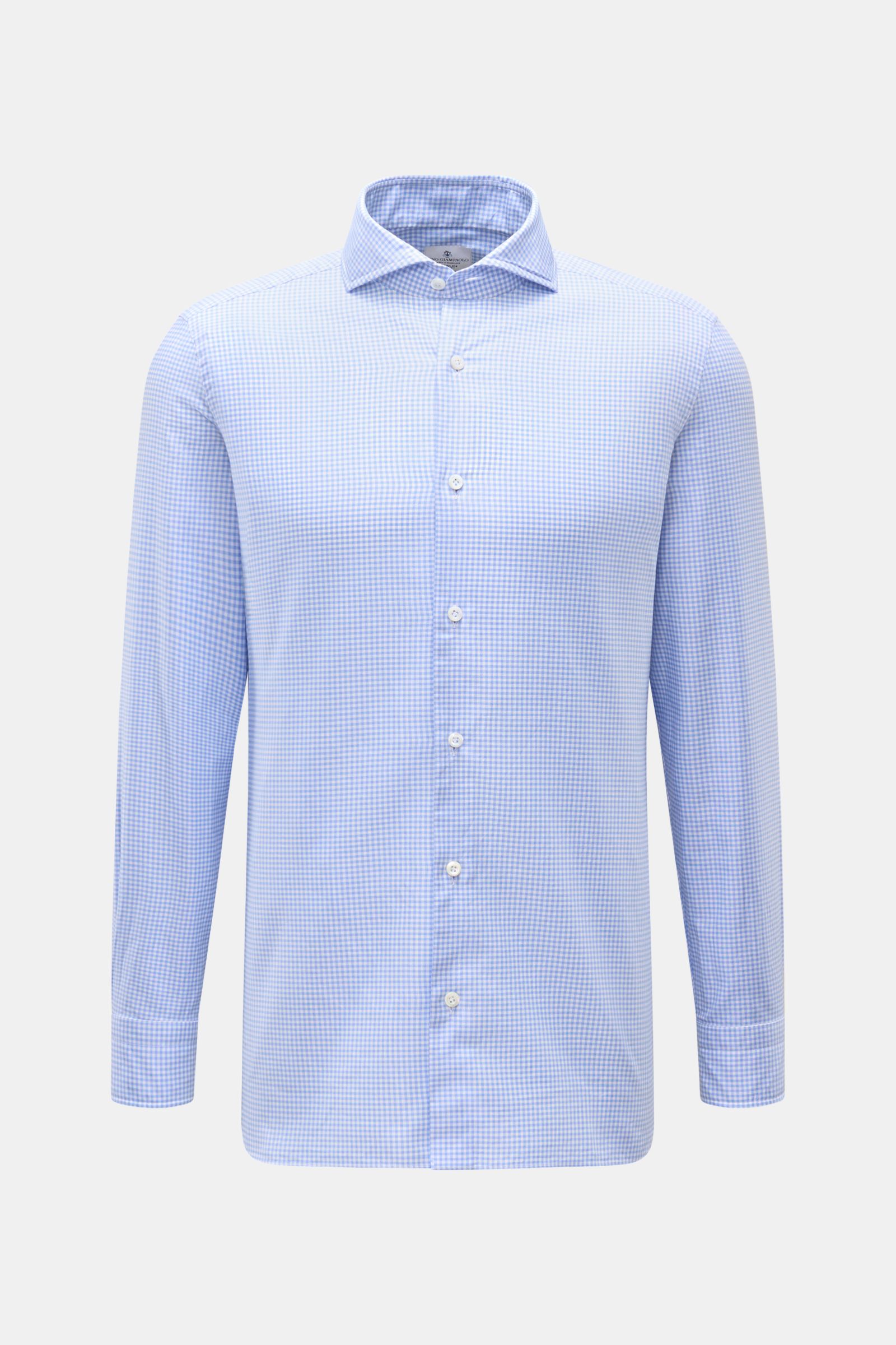 Giampaolo Casual Hemd Haifisch-Kragen blau/weiß kariert, frontale Sicht, Slim Fit, reine Baumwolle, strukturierter Griff, französische Knopfleiste, Sportmanschette, Taillenabnäher, gerundeter Saum.