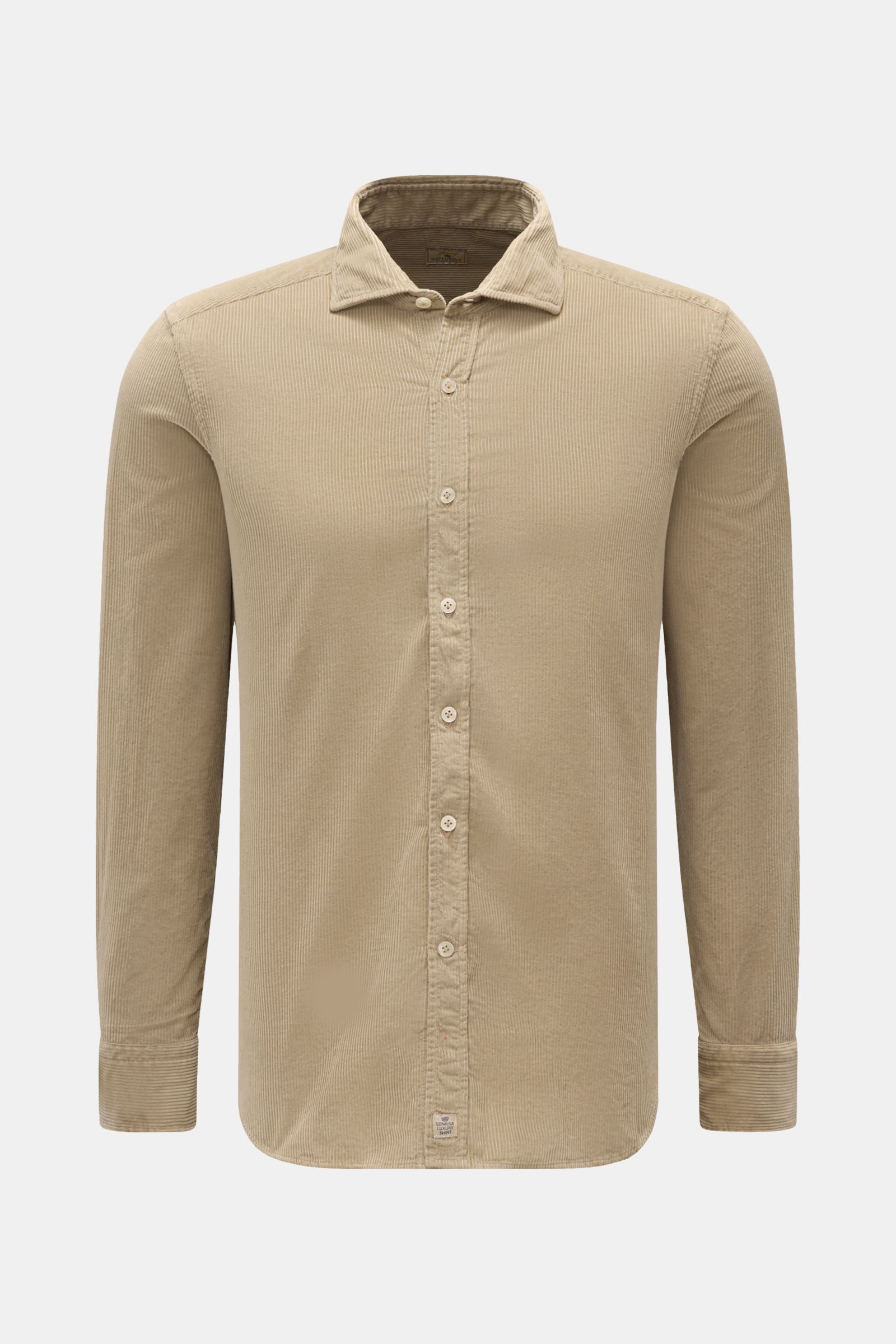 Sonrisa Cordhemd Haifisch-Kragen taupe aus weichem Baumwollcord, Slim Fit, Haifisch-Kragen, Knopfleiste, Sportmanschette, gerundeter Saum, frontale Ansicht.