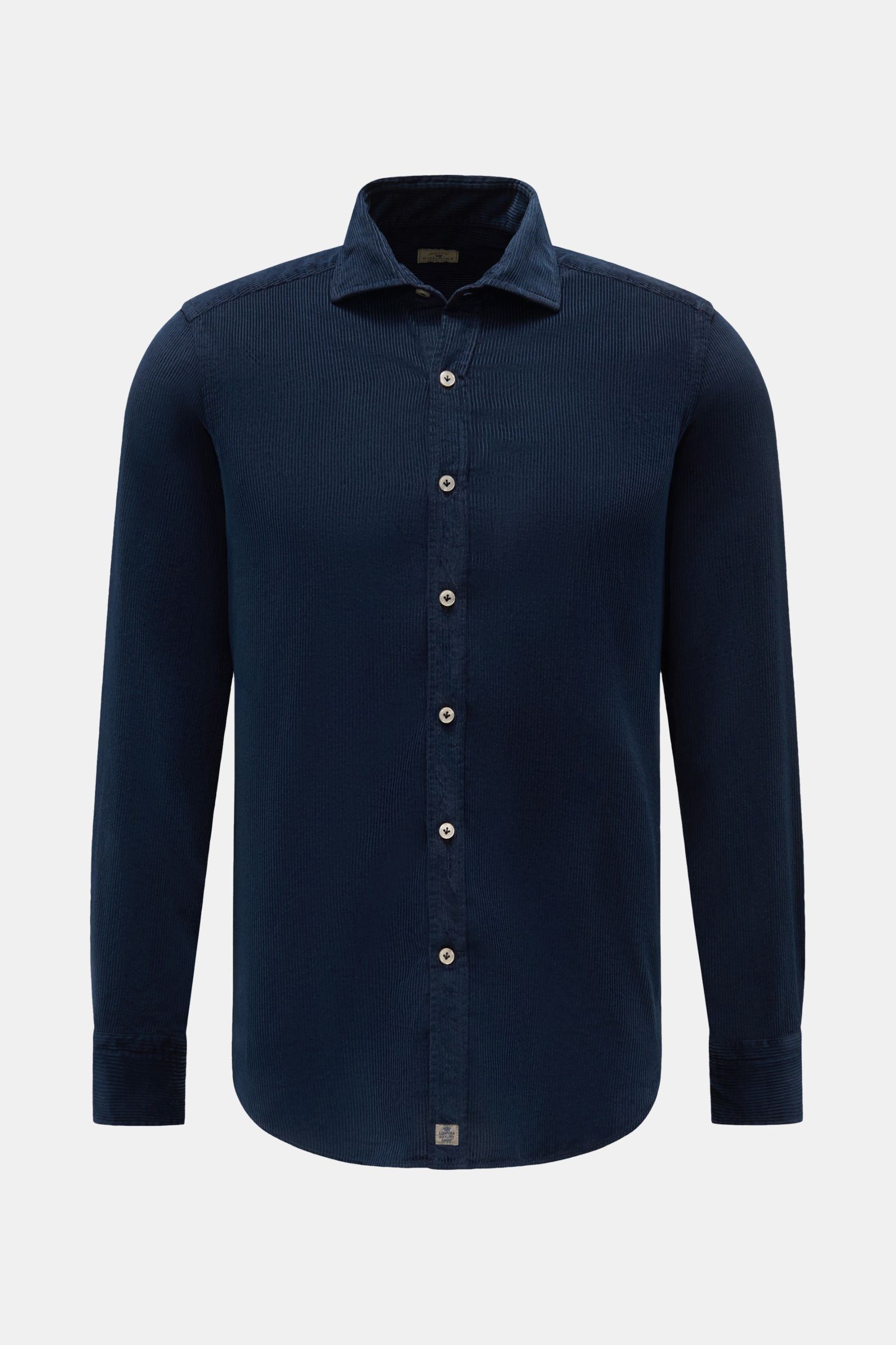 Sonrisa Cordhemd Haifisch-Kragen navy, slim Fit Cordhemd aus reiner Baumwolle, weich, mit Knopfleiste, Sportmanschette, gerundetem Saum, Frontansicht.