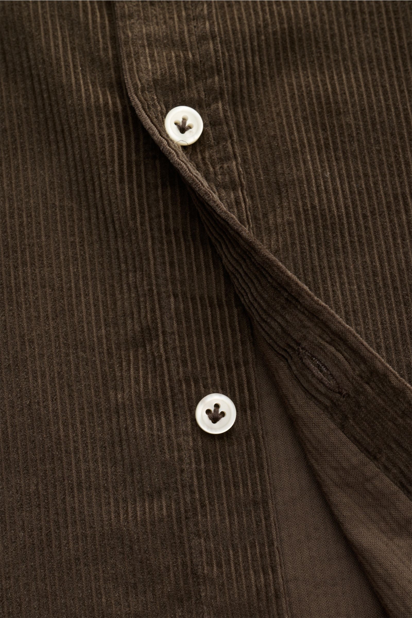 Sonrisa Cordhemd Haifisch-Kragen khaki, Detailaufnahme von Knopfleiste und weichem Baumwollcord, Slim Fit, klassischer Sportmanschette, leicht gerundeter Saum.