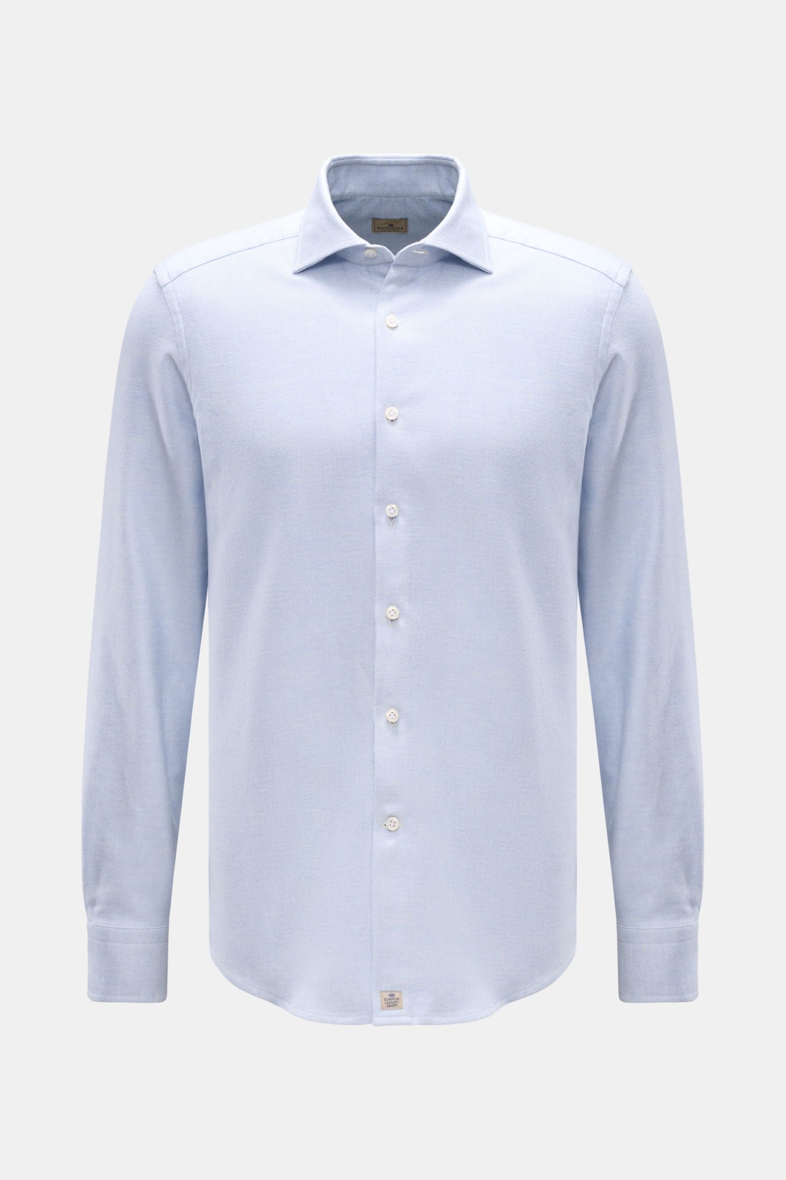 Frontale Aufnahme des Sonrisa Flanellhemd Haifisch-Kragen hellblau meliert aus weichem Baumwoll-Flanell, Slim Fit, mit französischer Knopfleiste, klassischer Manschette, leicht gerundetem Saum und kleinem Weblabel am Saum.