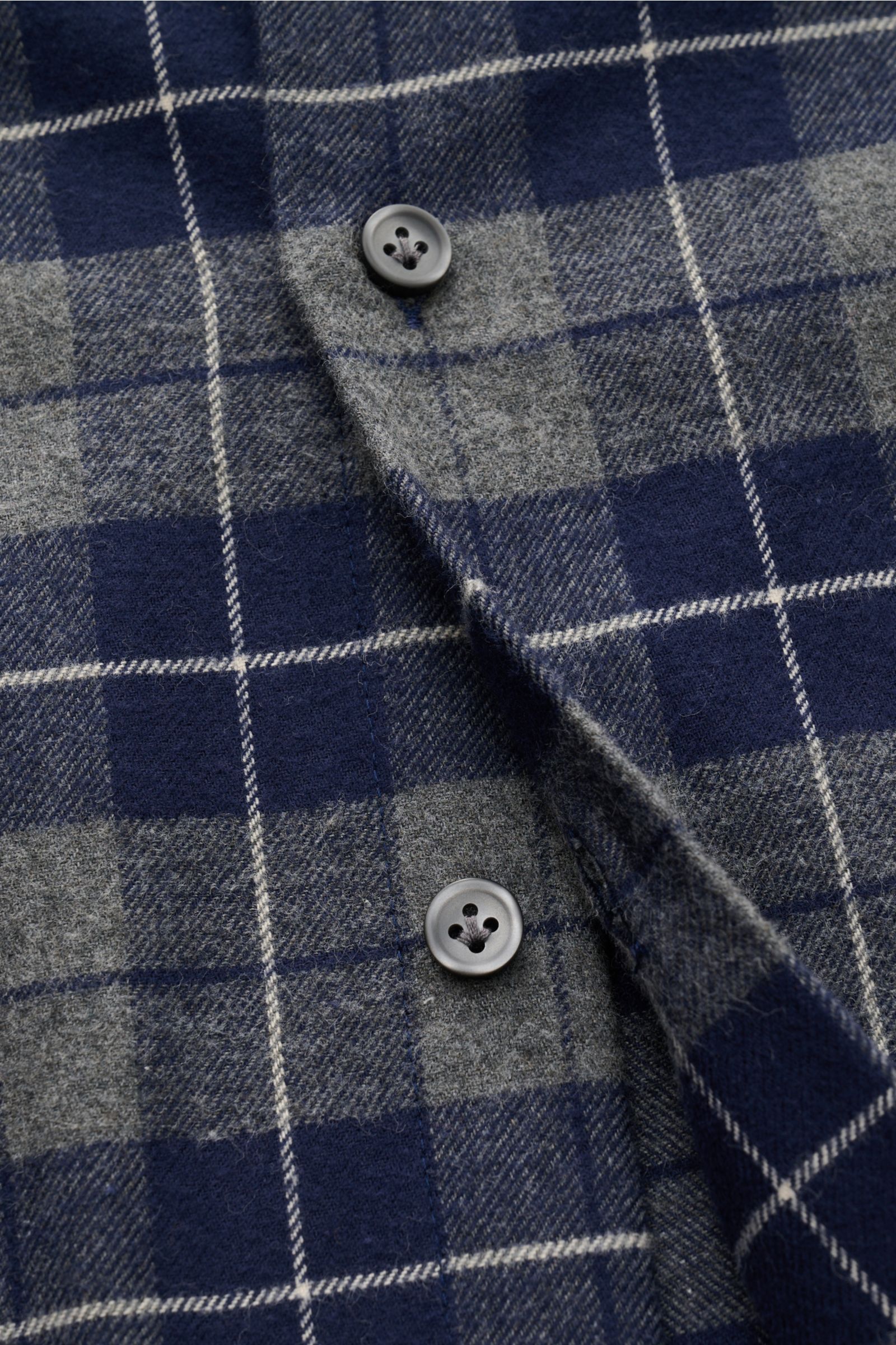 Alt tag (125 characters max): Close-up front view of Sonrisa Flannel shirt shark collar navy/grey checked with buttons on soft pure cotton fabric.

Description: 
Comfortable and casual: This versatile flannel shirt by the brand SONRISA is an essential 