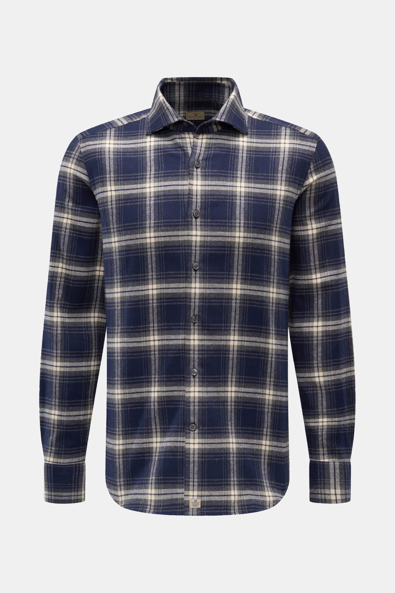 Front view of the Sonrisa Flanellhemd Haifisch-Kragen navy/grau/offwhite kariert, a slim fit flannel shirt with soft pure cotton, classic check pattern, shark collar, French placket, sport cuffs, rounded hem, and small label at hem. Leger und komfortabel: