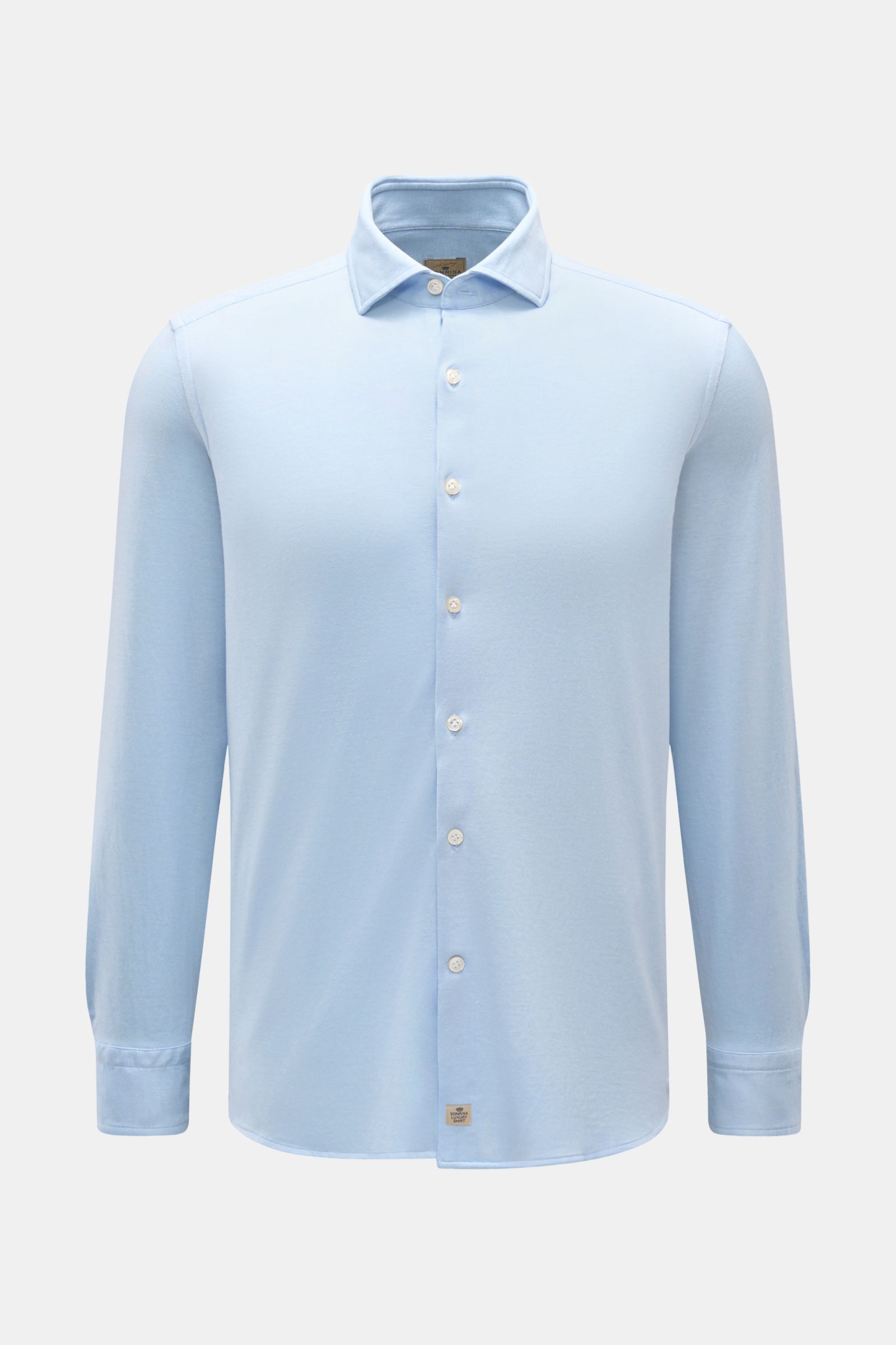 Frontansicht des Sonrisa Jersey-Hemd Haifisch-Kragen rauchblau aus Baumwoll-Lyocell-Mix, Slim Fit, weicher Griff, französische Knopfleiste, Sportmanschette, leicht gerundeter Saum. Stilvoller Komfort für Office und Freizeit.