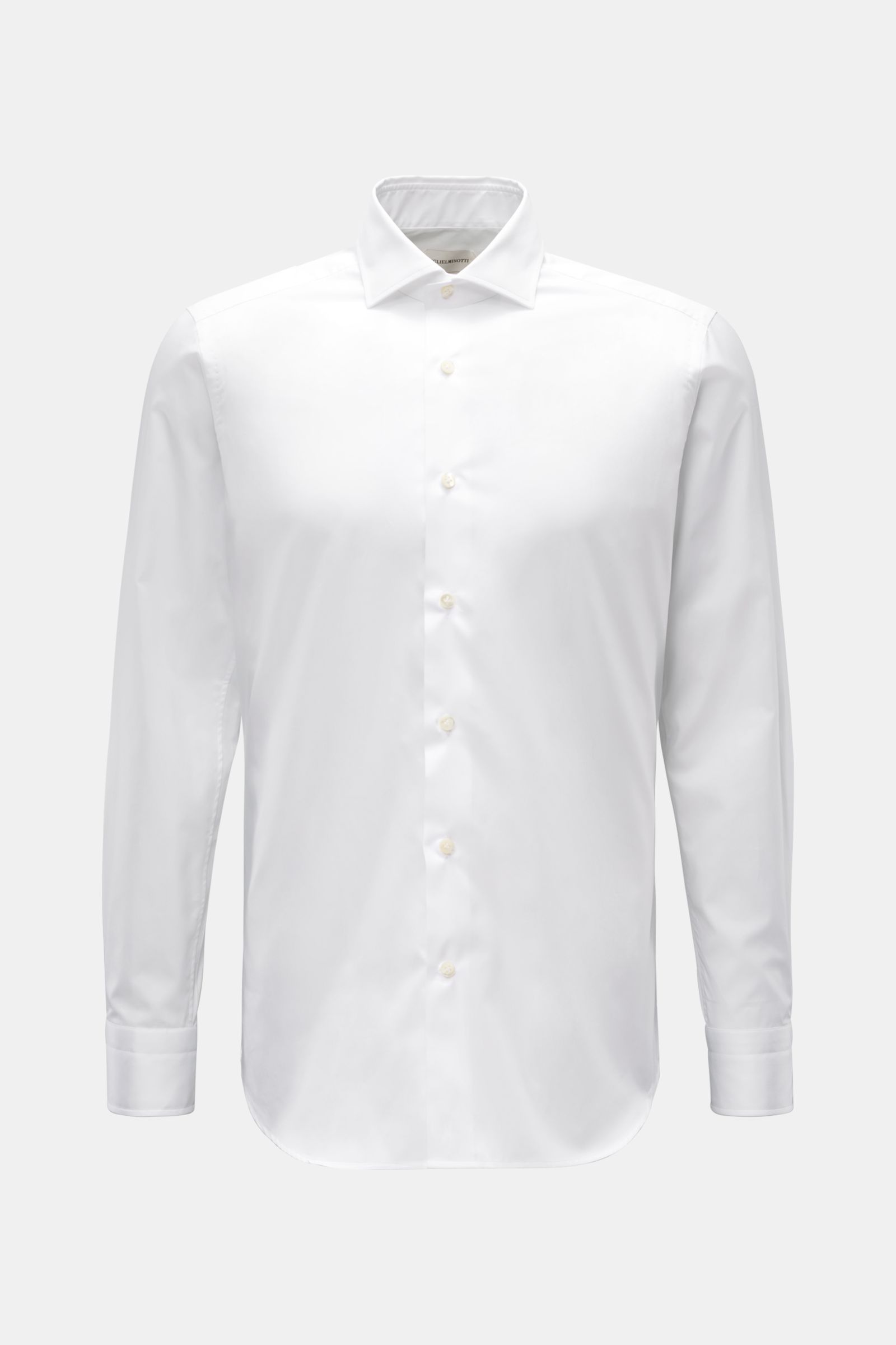Front view of the Guglielminotti Casual Hemd Haifisch-Kragen weiß, a white shirt made of pure cotton twill with a soft, smooth feel, regular fit, shark collar, French button placket, classic sport cuffs, back waist darts, and rounded hem.