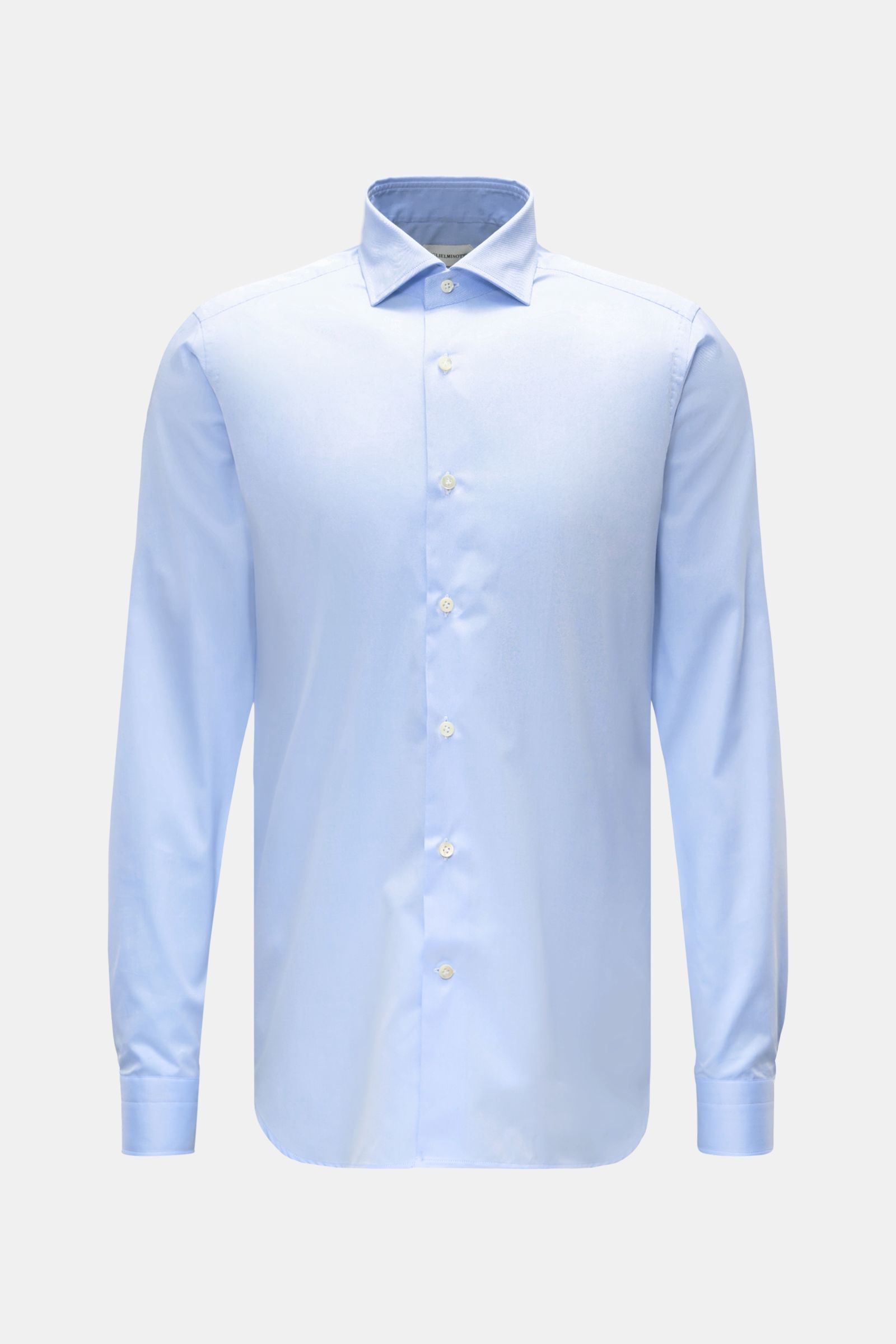 Guglielminotti Casual Hemd Haifisch-Kragen hellblau, frontale Ansicht, Mix aus Baumwolle und Cashmere, weicher Griff, Regular Fit, französische Knopfleiste, klassische Sportmanschette, rückwärtige Taillenabnäher, gerundeter Saumverlauf.