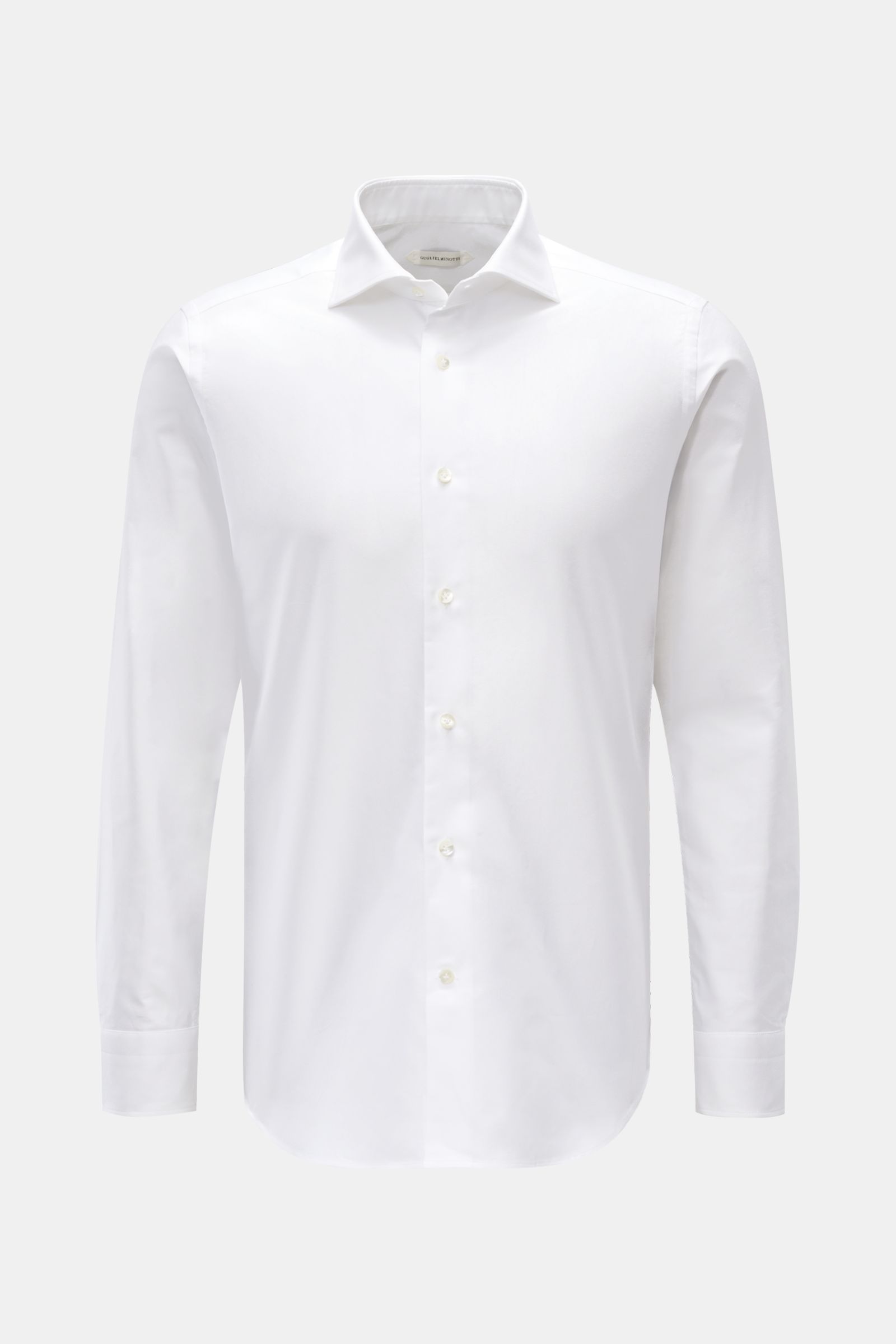 Guglielminotti Oxford-Hemd Haifisch-Kragen weiß, Frontansicht, Oxford aus reiner Baumwolle, glatter Griff, Slim Fit, französische Knopfleiste mit Perlmuttknöpfen, klassische Sportmanschette, rückwärtige Taillenabnäher, gerundeter Saumverlauf.