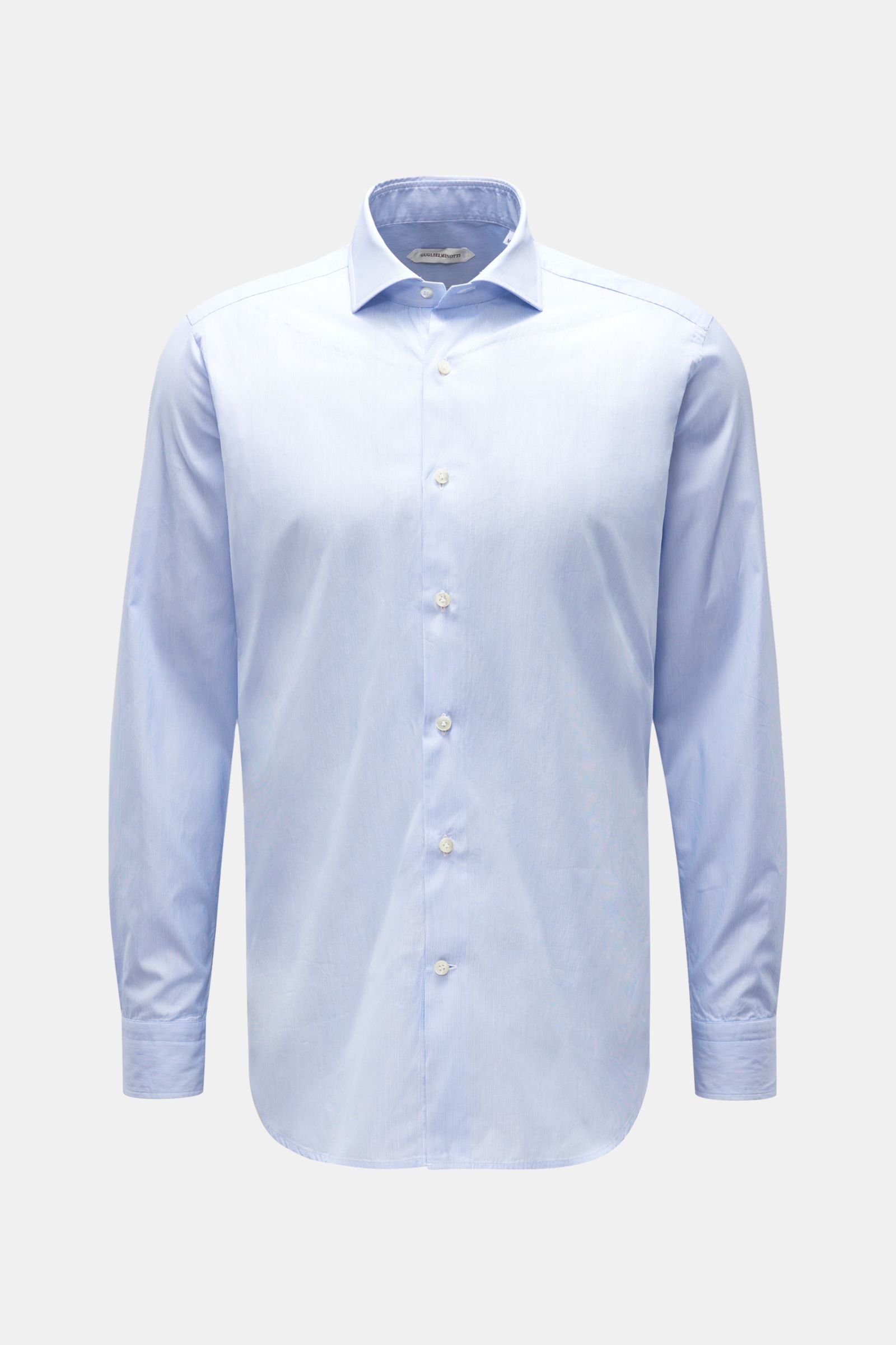 Guglielminotti Casual Hemd Haifisch-Kragen blau/weiß gestreift, Slim Fit, reine Baumwolle, glatter Griff, leichte Qualität, französische Knopfleiste, Sportmanschette, Taillenabnäher, gerundeter Saum, frontal fotografiert.