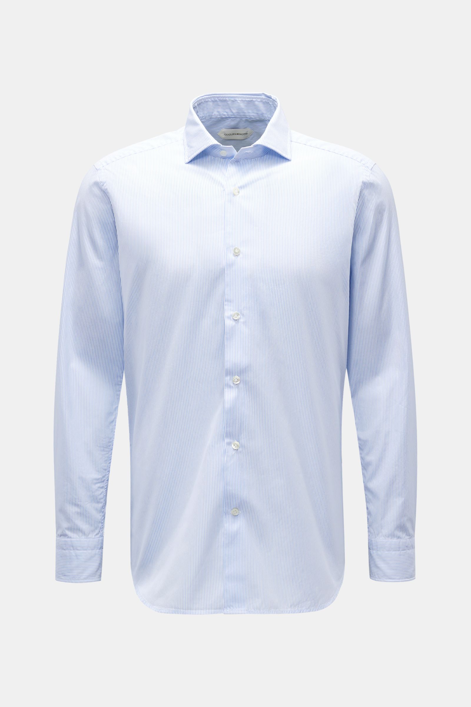 Guglielminotti Casual Hemd Haifisch-Kragen blau/weiß gestreift, frontal fotografiert, reine Baumwolle, glatter Griff, leichte Qualität, Slim Fit, französische Knopfleiste mit Perlmuttknöpfen, klassische Sportmanschette, rückwärtige Taillenabnäher, gerunde