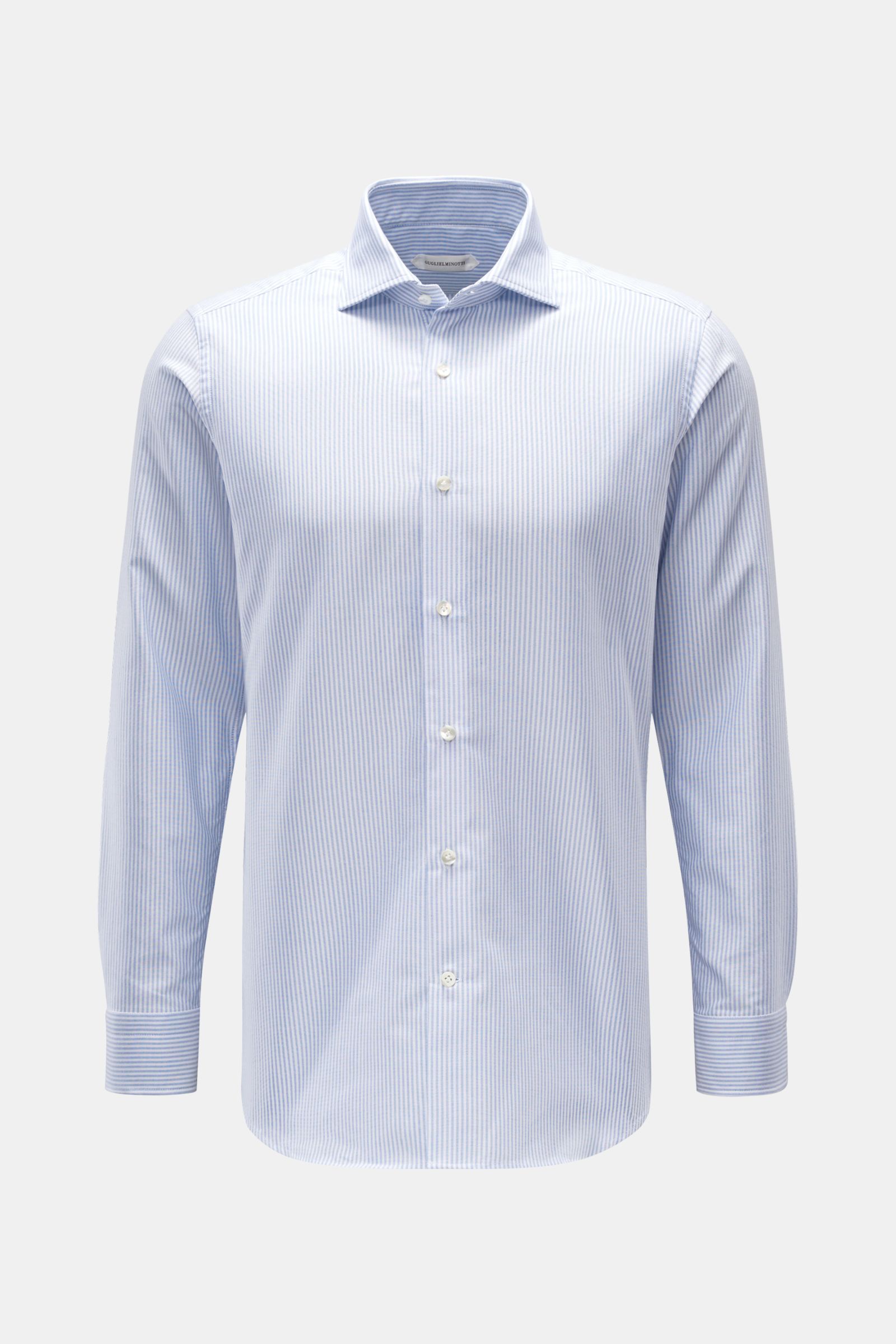 Guglielminotti Oxfordhemd Haifisch-Kragen blau/weiß gestreift, Slim Fit, Oxford reine Baumwolle, stabile Qualität, klassische Sportmanschette, französische Knopfleiste, schmale Rückenpasse, Taillenabnäher, gerundeter Saum, frontale Ansicht.