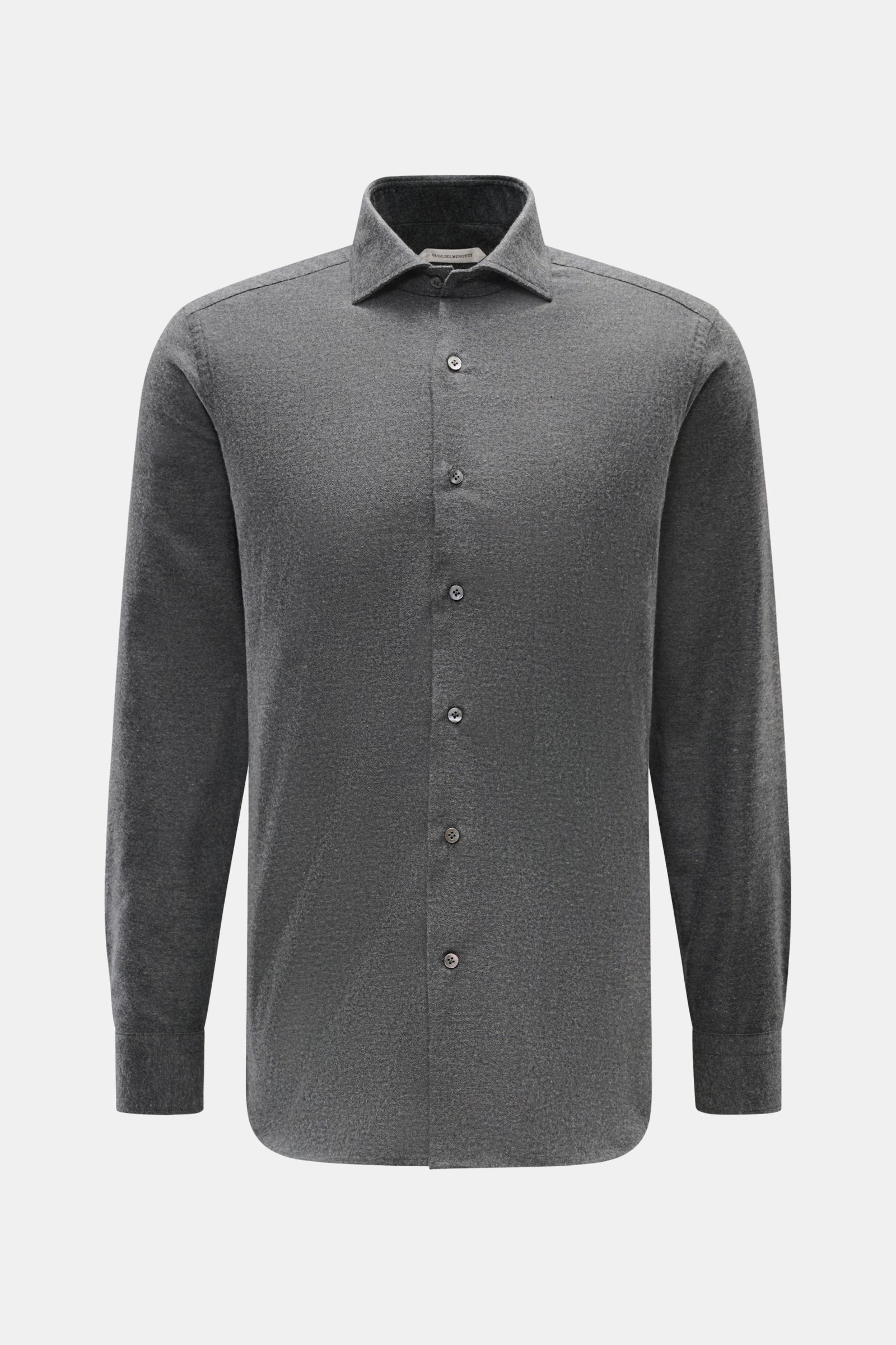 Front view of Guglielminotti Flannel shirt shark collar dark grey melange made of cotton and cashmere flannel, soft feel, regular fit, shark collar, French button placket, classic barrel cuffs, waist darts at the back, rounded hem.