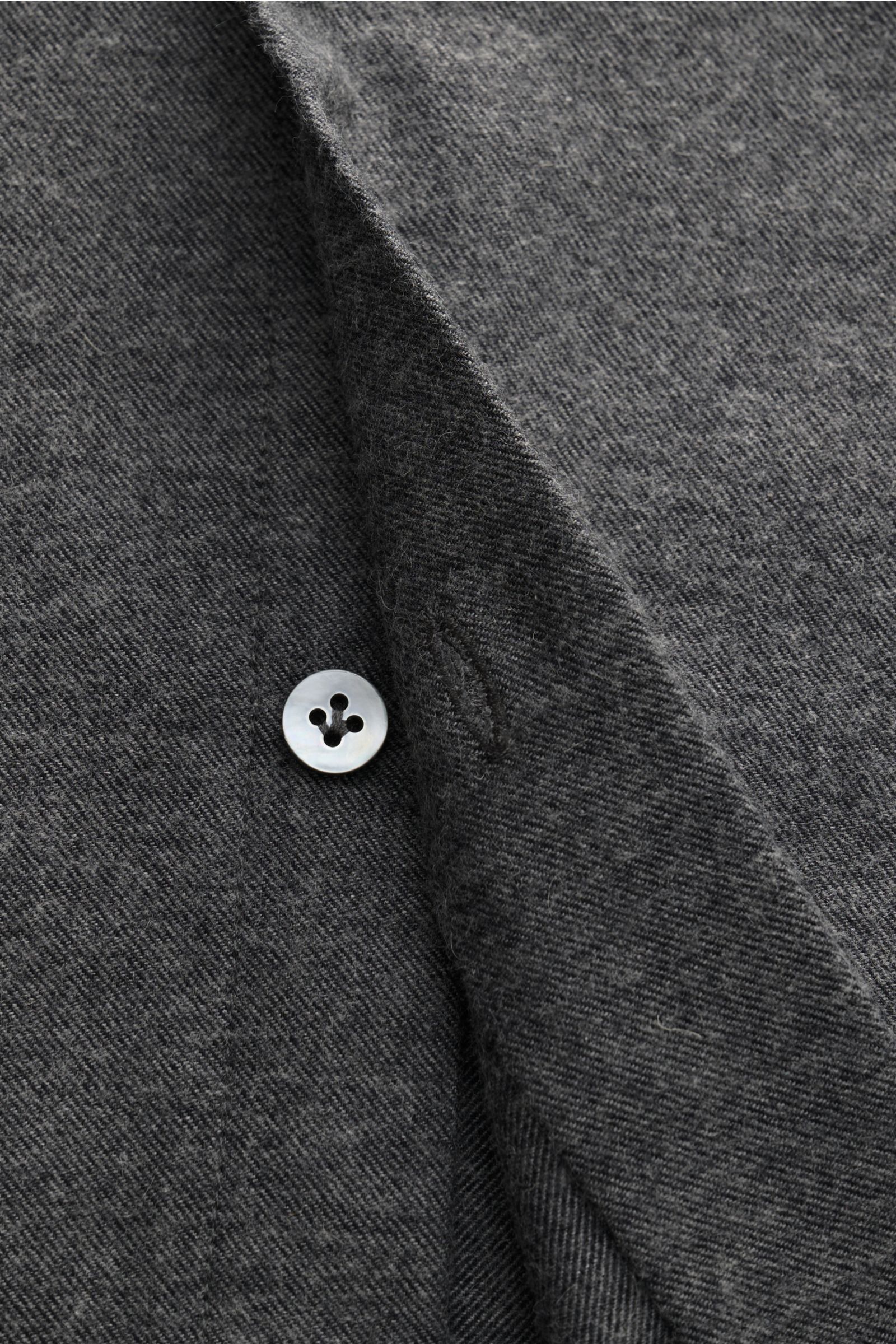 Close-up front view of the Guglielminotti Flannel shirt shark collar dark grey melange showing cotton and cashmere flannel, soft feel, regular fit, shark collar, French button placket, classic barrel cuffs, waist darts at the back, and rounded hem.