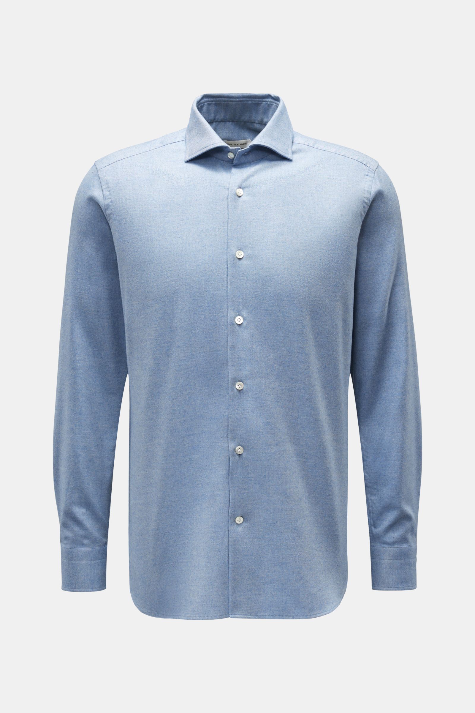 Guglielminotti Flanellhemd Haifisch-Kragen rauchblau, frontal fotografiert, Slim Fit, Flanell aus Baumwolle und Cashmere, weicher Griff, französische Knopfleiste, klassische Sportmanschette, rückwärtige Taillenabnäher, gerundeter Saumverlauf.