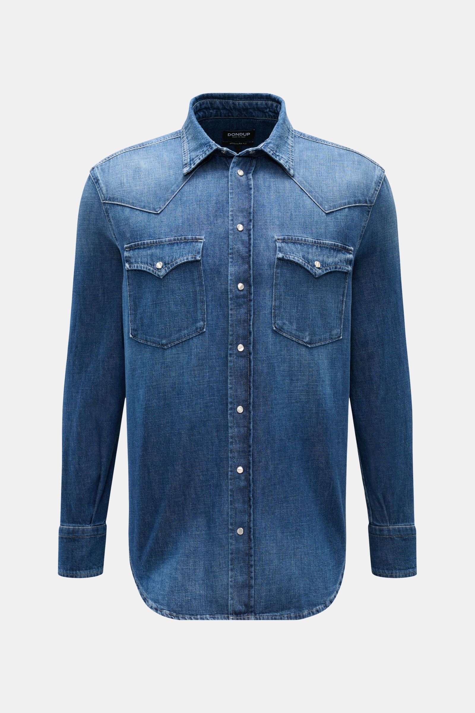 Dondup Jeanshemd 'Camicia' Kent-Kragen blau, Frontansicht, Western-Look, reine Baumwolle, Regular Fit, Brusttaschen, weicher Griff, gerundeter Saum.