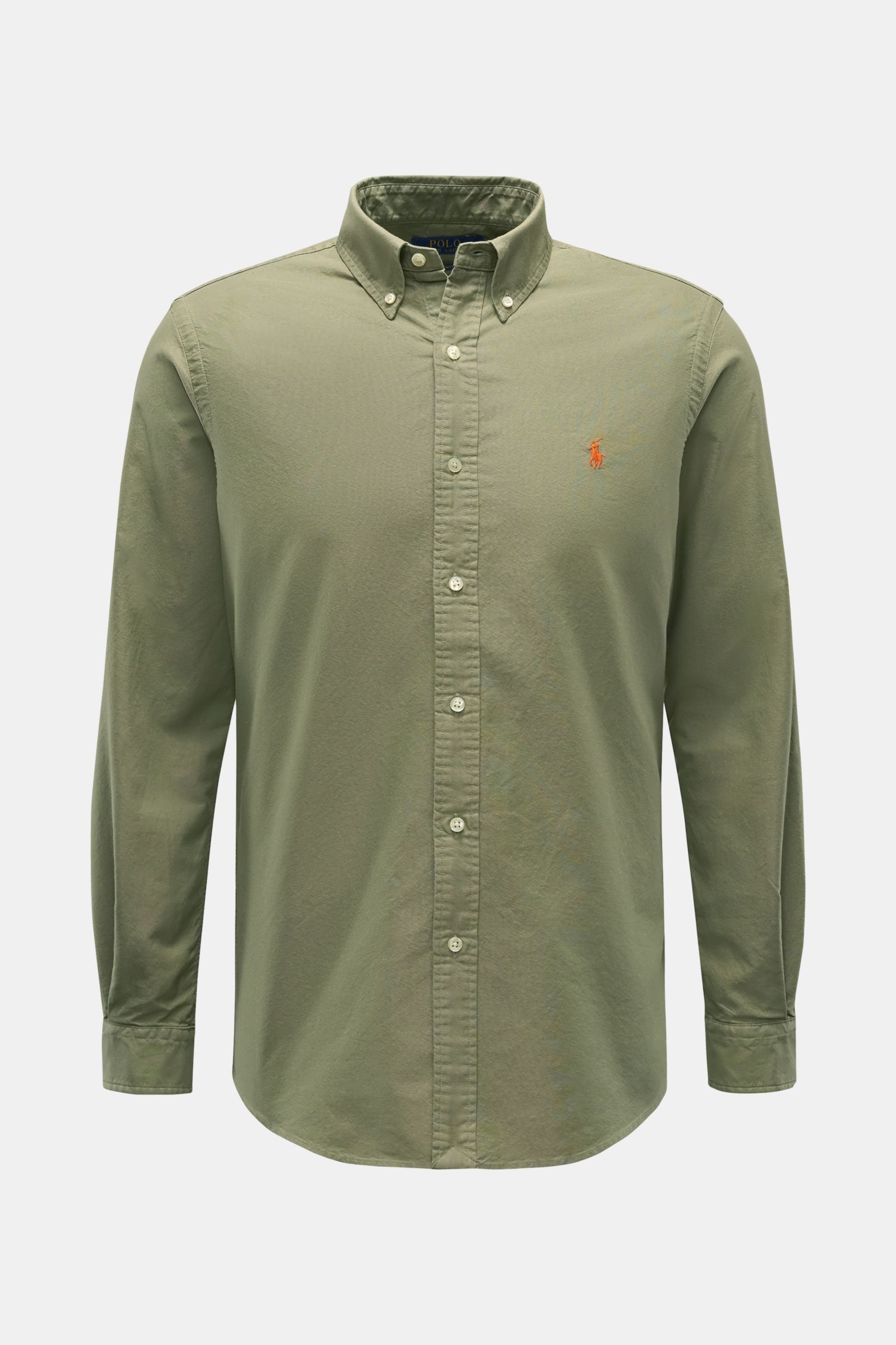 Front view of Polo Ralph Lauren Oxford-Hemd Button-Down-Kragen graugrün, a versatile gray-green cotton shirt with button-down collar, regular fit, button placket, classic sport cuffs, pinch pleat, and rounded hem. Vielseitiger Begleiter für die Herbstsais