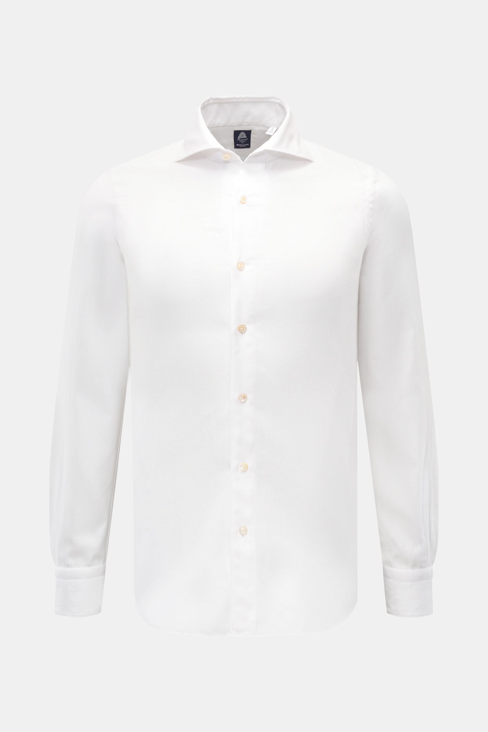 Finamore Flanellhemd 'Edoardo Gaeta' Haifisch-Kragen offwhite, Frontansicht, Regular Fit, extralange Ärmel, französische Knopfleiste, klassische Sportmanschette, gerundeter Saum, Flanell aus Baumwolle, softe Haptik.