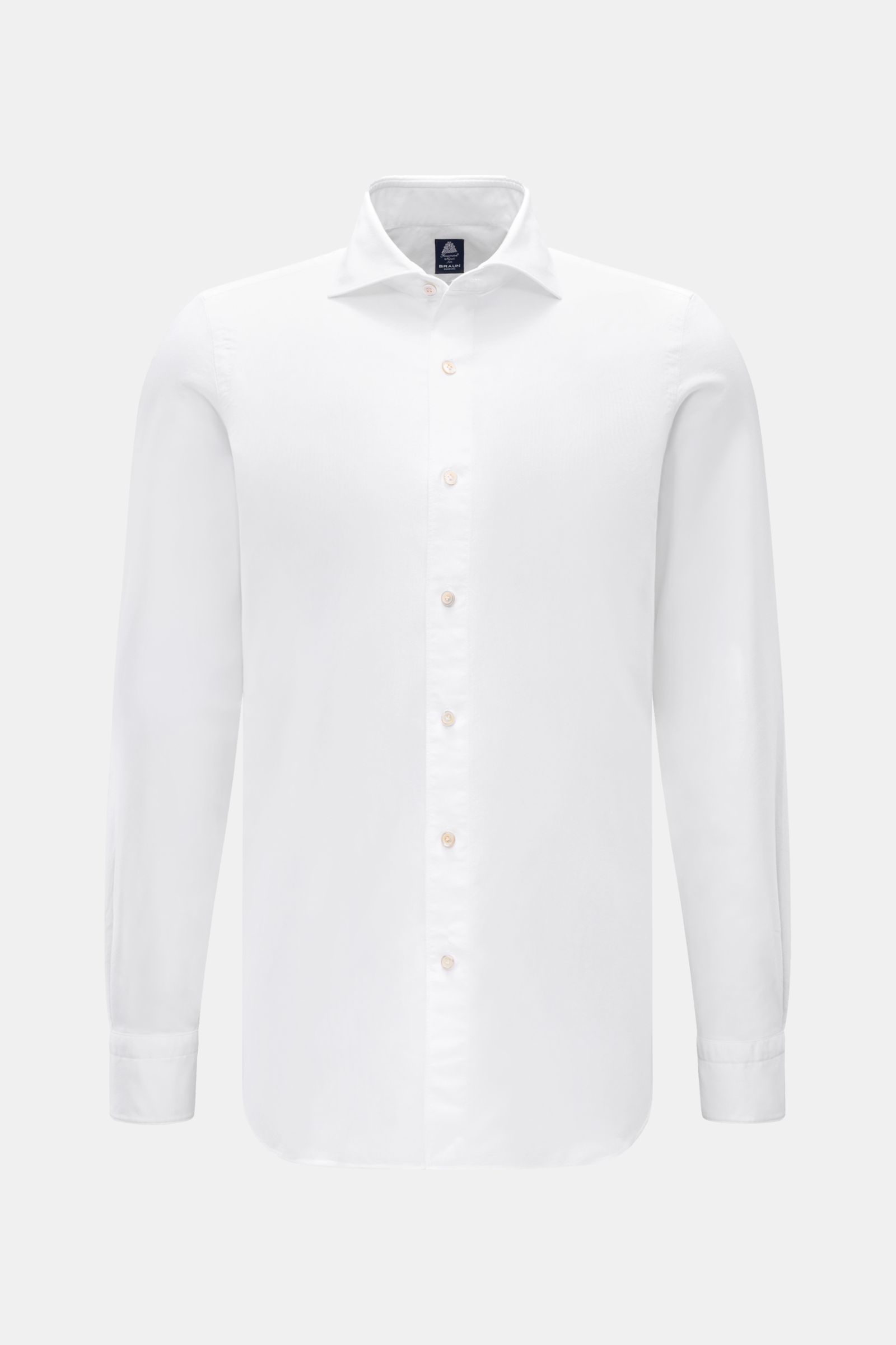 Finamore Oxford Hemd 'Edoardo Gaeta' Haifisch-Kragen weiß, frontal fotografiert, aus Baumwolle, Regular Fit, extralange Ärmel, französische Knopfleiste, Sportmanschette, gerundeter Saum, leicht griffige Haptik.