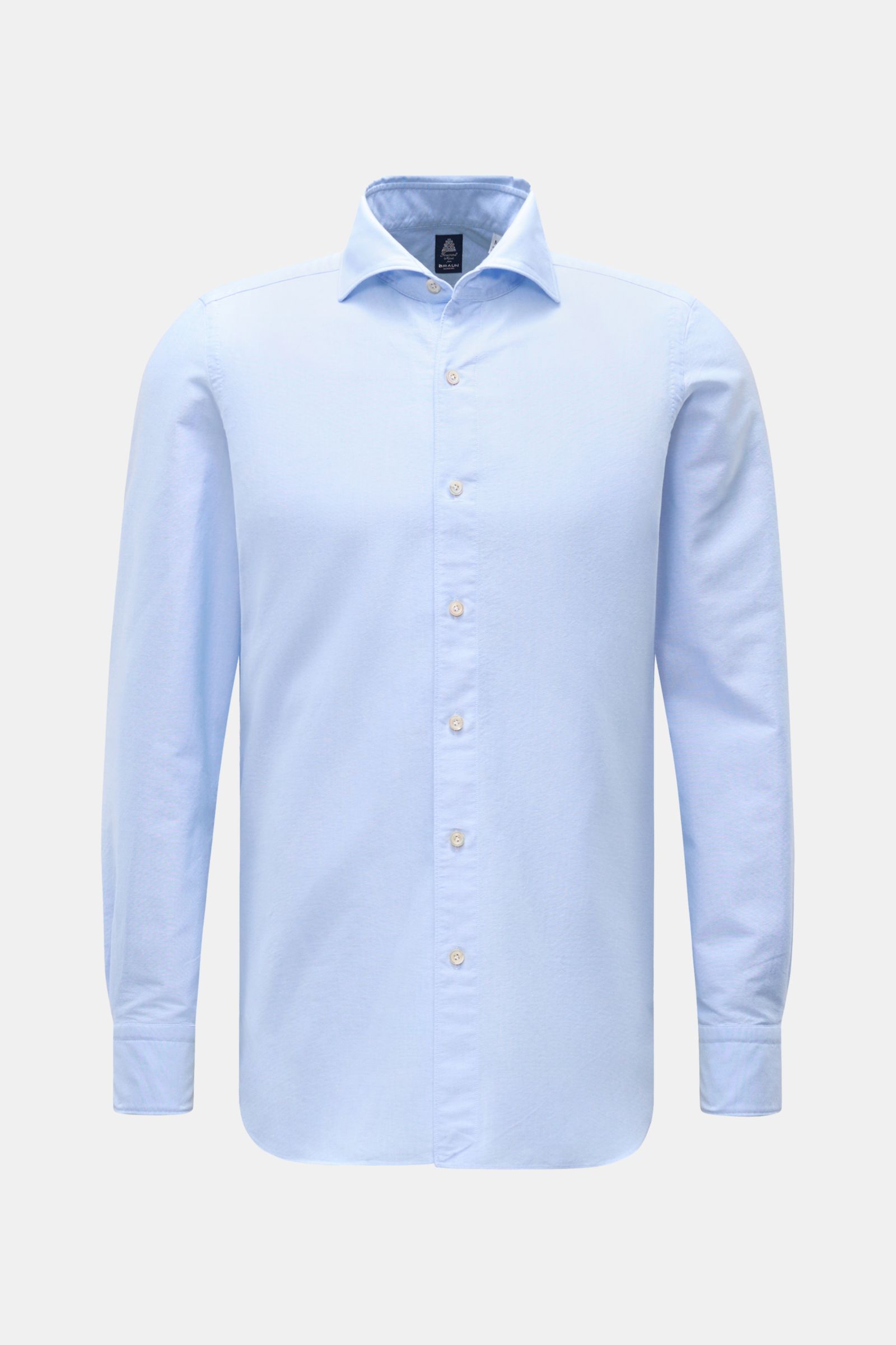 Finamore Oxford Hemd 'Edoardo Gaeta' Haifisch-Kragen hellblau, Frontansicht, Regular Fit, Oxford Baumwolle, griffig, extralange Ärmel, französische Knopfleiste, Sportmanschette, gerundeter Saum.