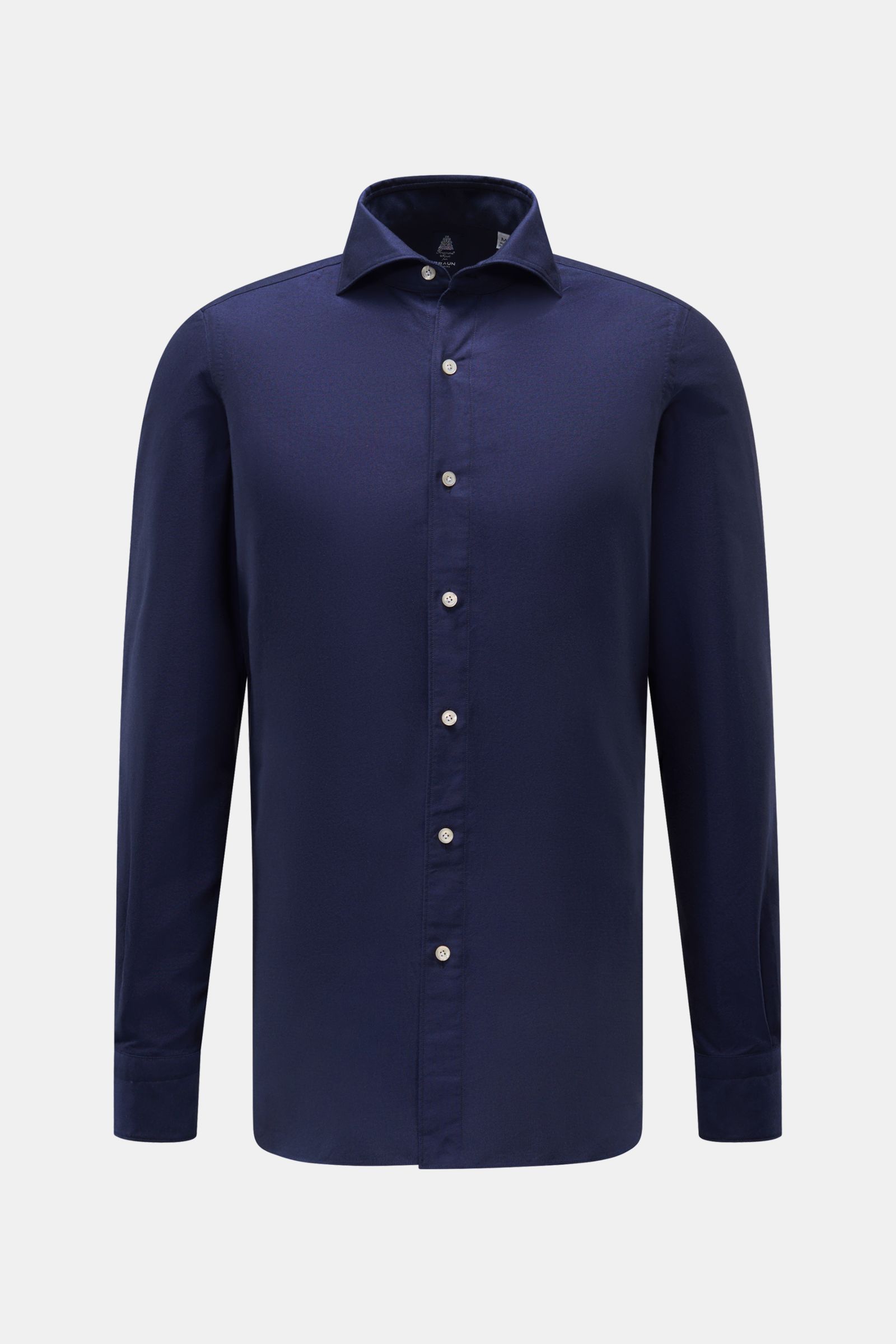 Finamore Oxford Hemd 'Edoardo Gaeta' Haifisch-Kragen navy, frontale Ansicht, Oxford Baumwolle, leicht griffig, Regular Fit, extralange Ärmel, französische Knopfleiste, Sportmanschette, gerundeter Saum.