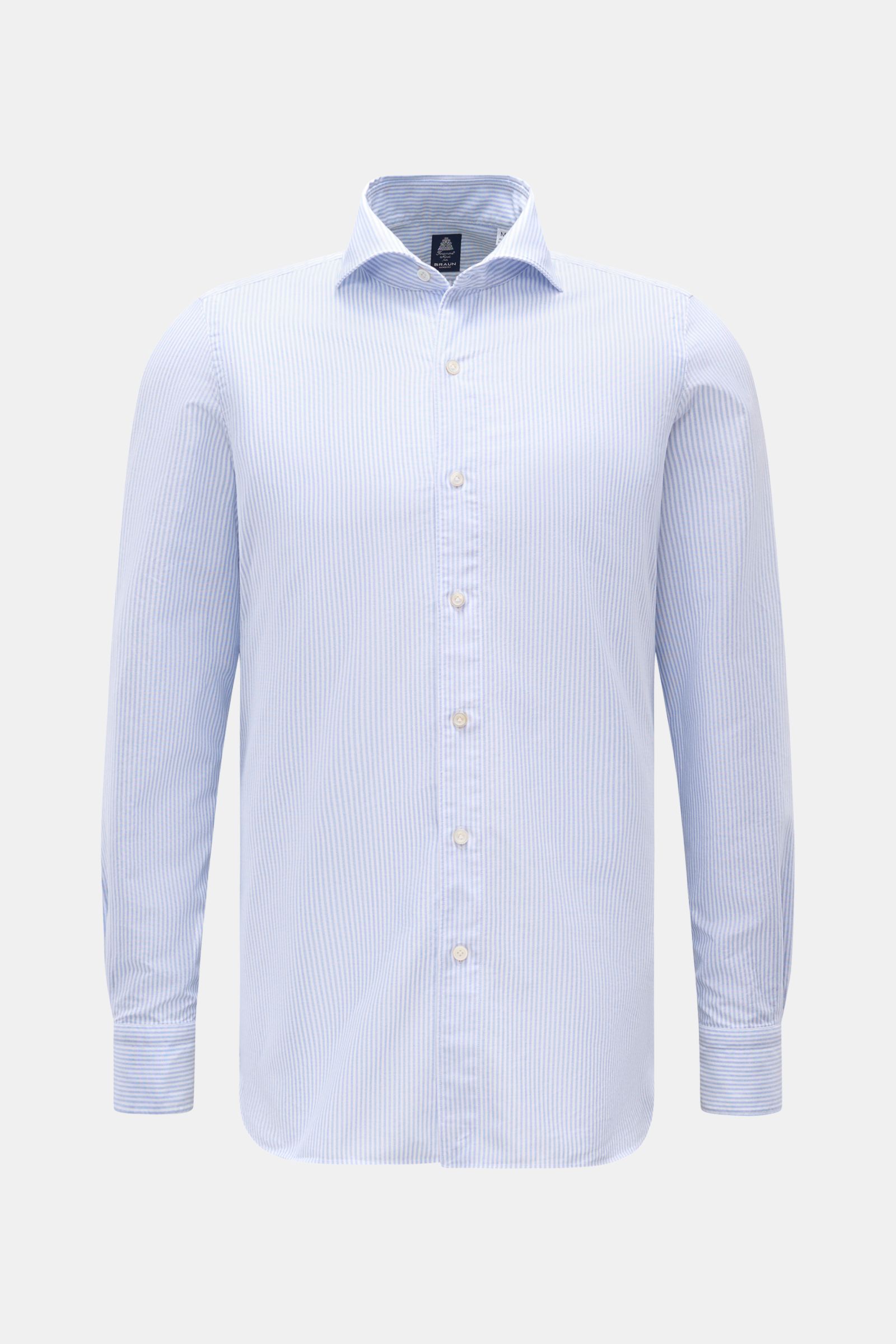 Finamore Oxford Hemd 'Edoardo Gaeta' Haifisch-Kragen hellblau/weiß gestreift, Frontansicht, Baumwolle, Regular Fit, extralange Ärmel, französische Knopfleiste, Sportmanschette, gerundeter Saum.