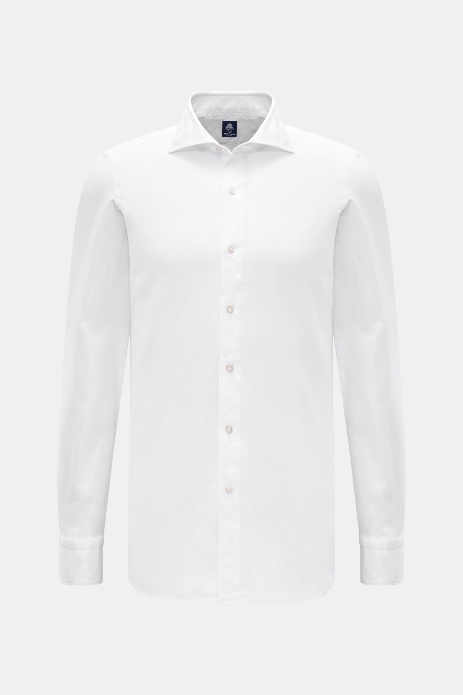 Frontal fotografiertes Finamore Flanellhemd 'Edoardo Gaeta' Haifisch-Kragen weiß aus Baumwolle, soft, Regular Fit, extralange Ärmel, französische Knopfleiste, Sportmanschette, gerundeter Saum.