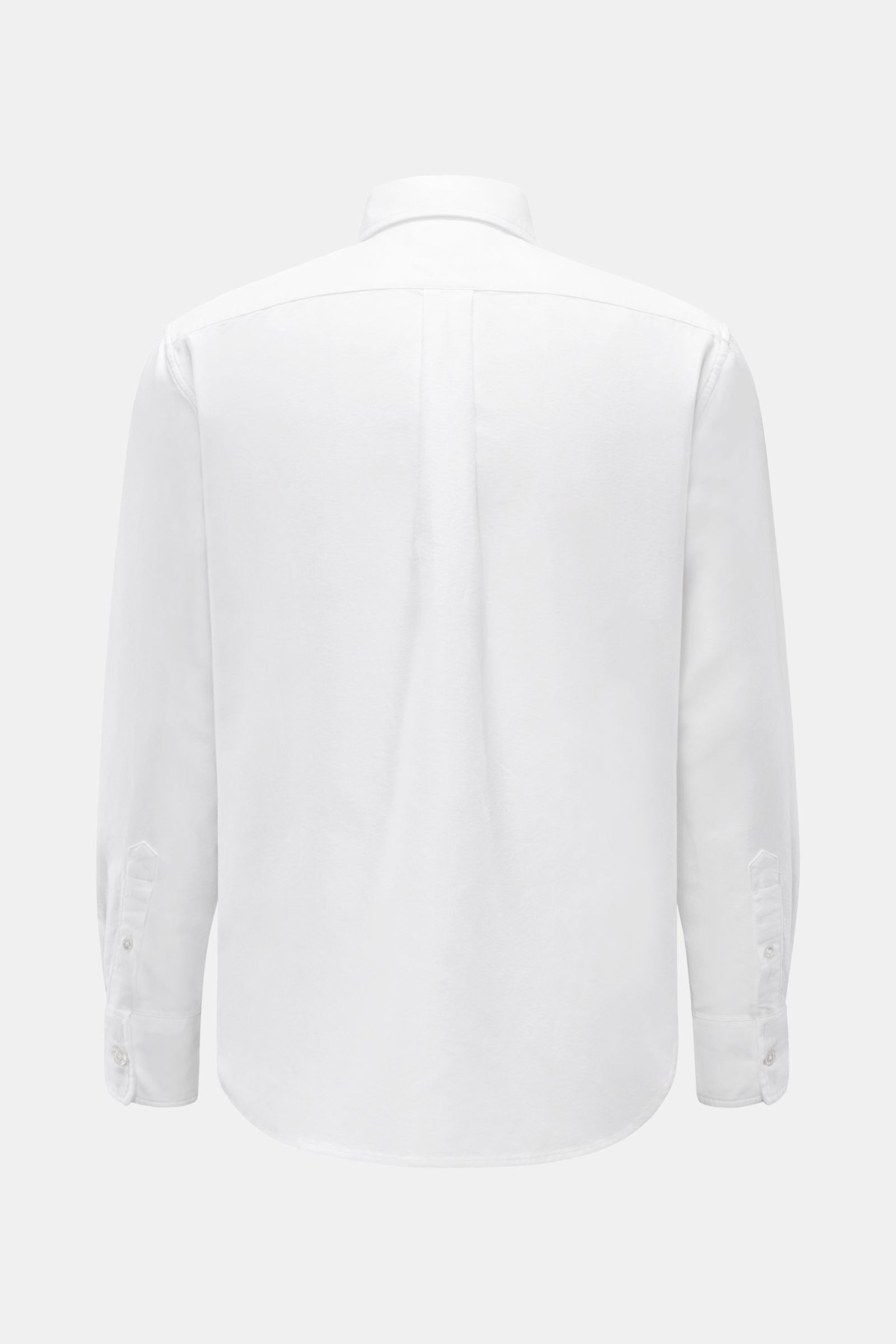 Back view of the 04651/ A trip in a bag Oxford-Hemd Button-Down-Kragen weiß, showcasing its lightweight, handloomed 100% cotton fabric with a classic back yoke and pleat, rounded hem, and sports cuffs. Stilvoller Begleiter im Alltag: Das 'Handloomed Oxfor