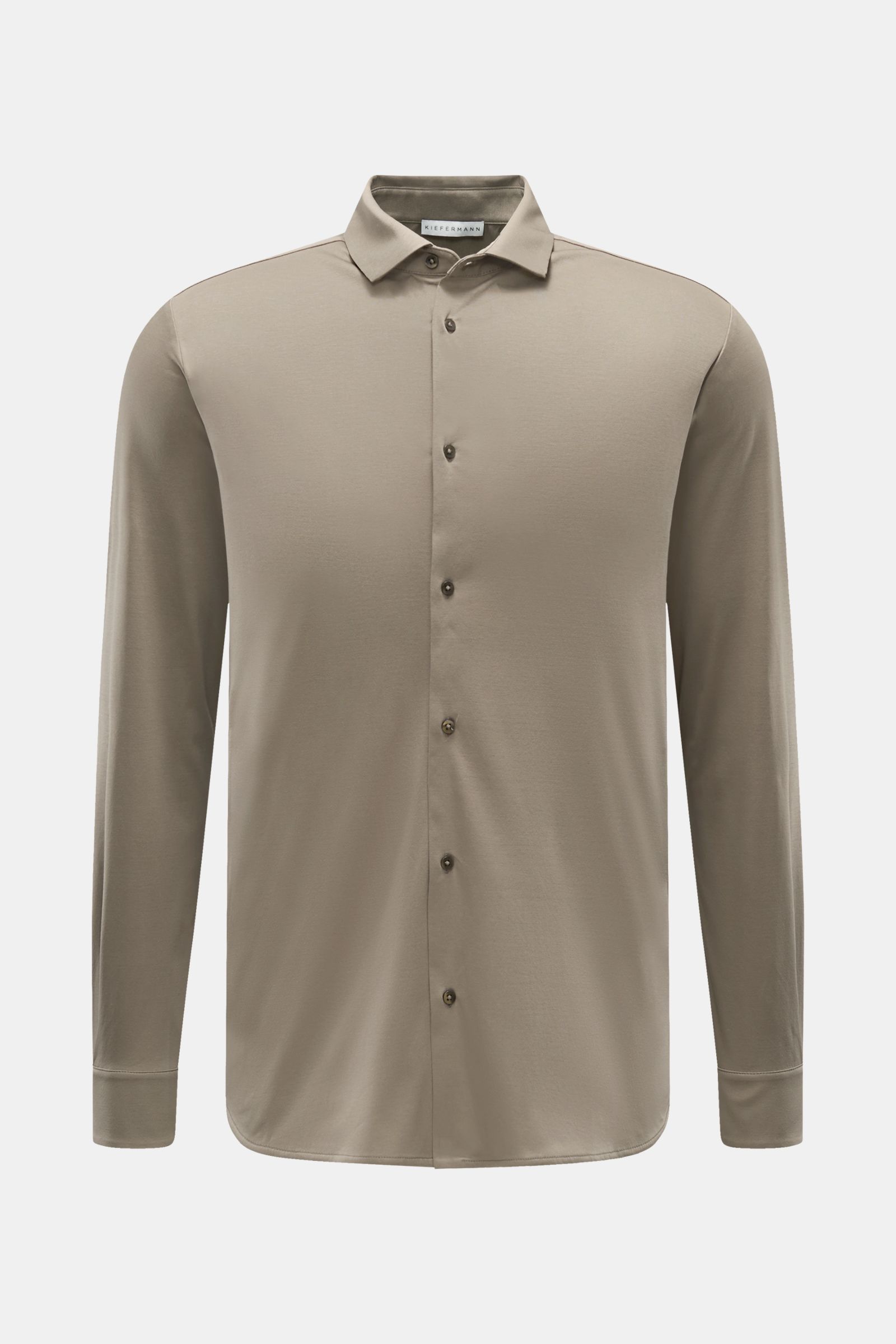 Kiefermann Jersey-Hemd 'Elandorio' Haifisch-Kragen taupe, Slim Fit, mercerisierter Baumwolljersey, glatter Griff, Haifischkragen, Frontansicht.