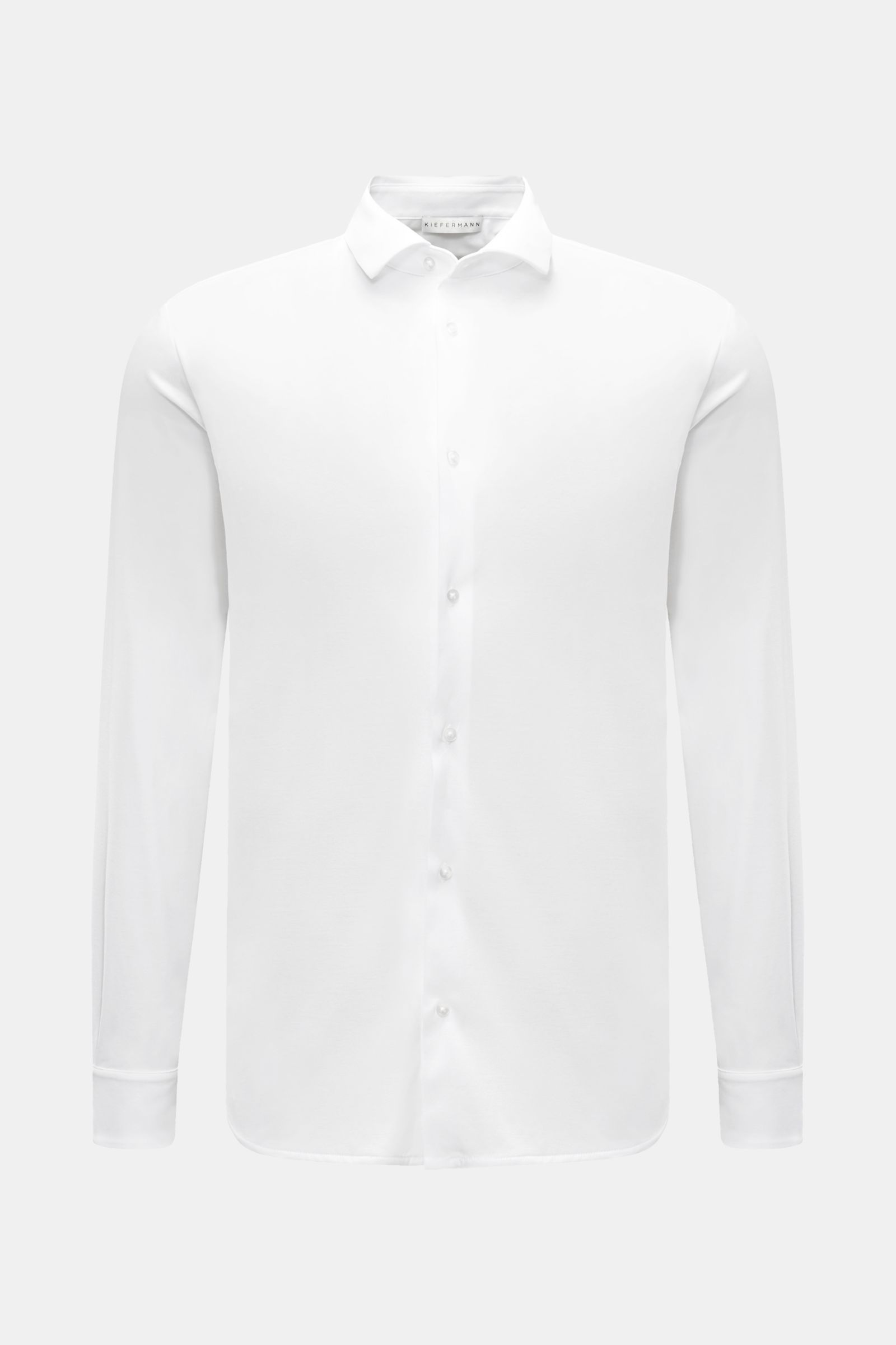 Kiefermann Jersey-Hemd 'Elandorio' Haifisch-Kragen weiß, slim fit, mercerisierter Baumwolljersey, Haifischkragen, französische Knopfleiste, Sportmanschette, frontale Perspektive.